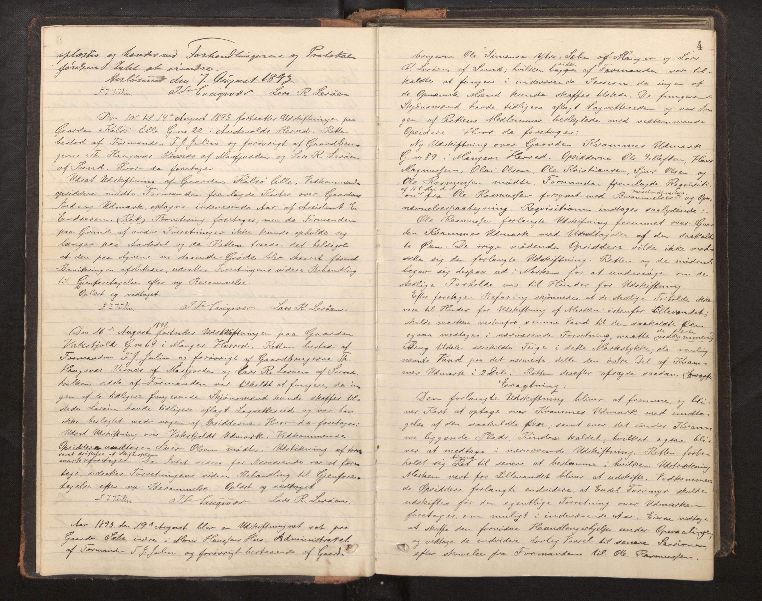 Hordaland jordskiftedøme - II Ytre Nordhordland jordskiftedistrikt, AV/SAB-A-6901/A/Aa/L0008: Forhandlingsprotokoll, 1893-1896, p. 3b-4a