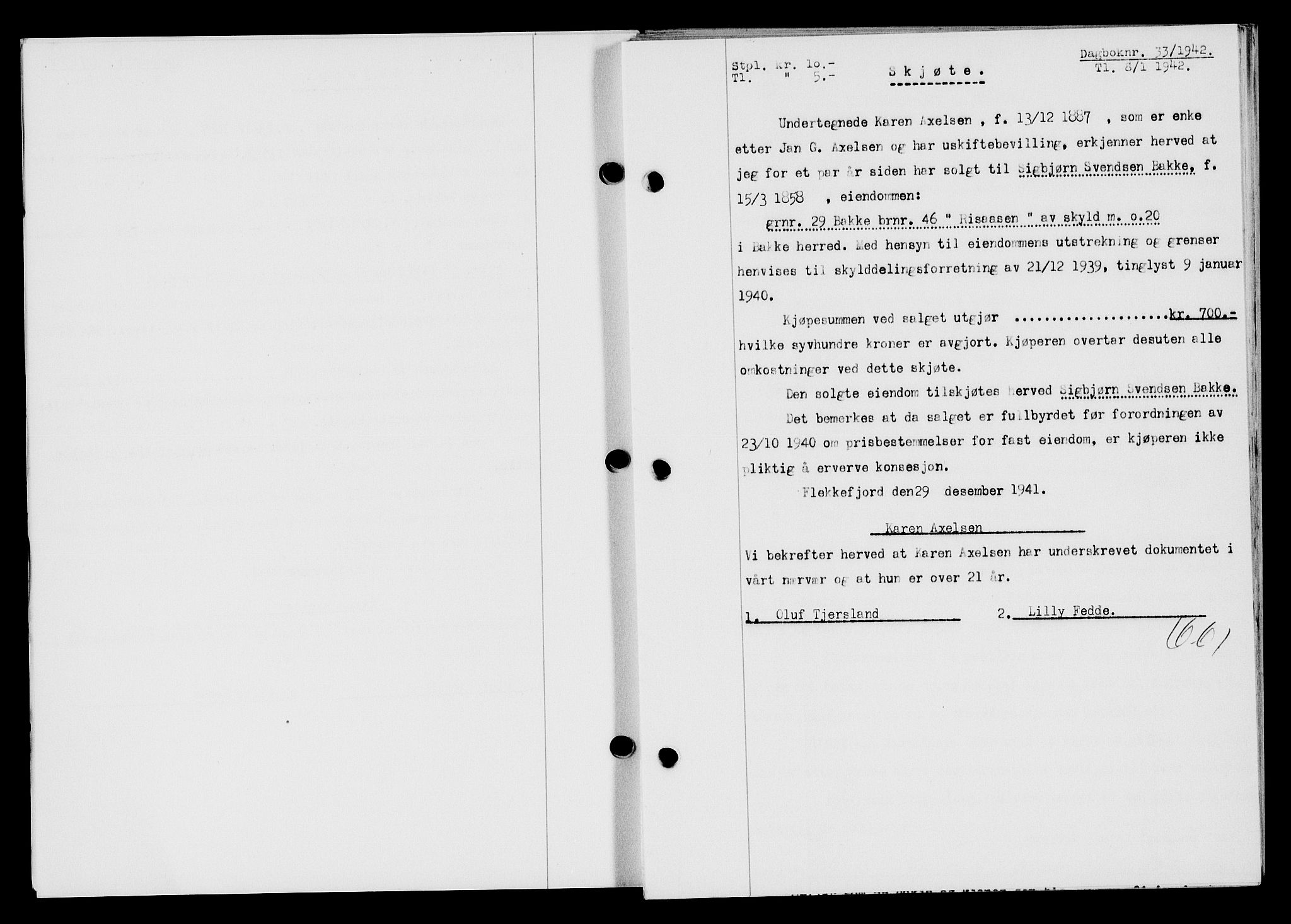 Flekkefjord sorenskriveri, SAK/1221-0001/G/Gb/Gba/L0057: Mortgage book no. A-5, 1941-1942, Diary no: : 33/1942