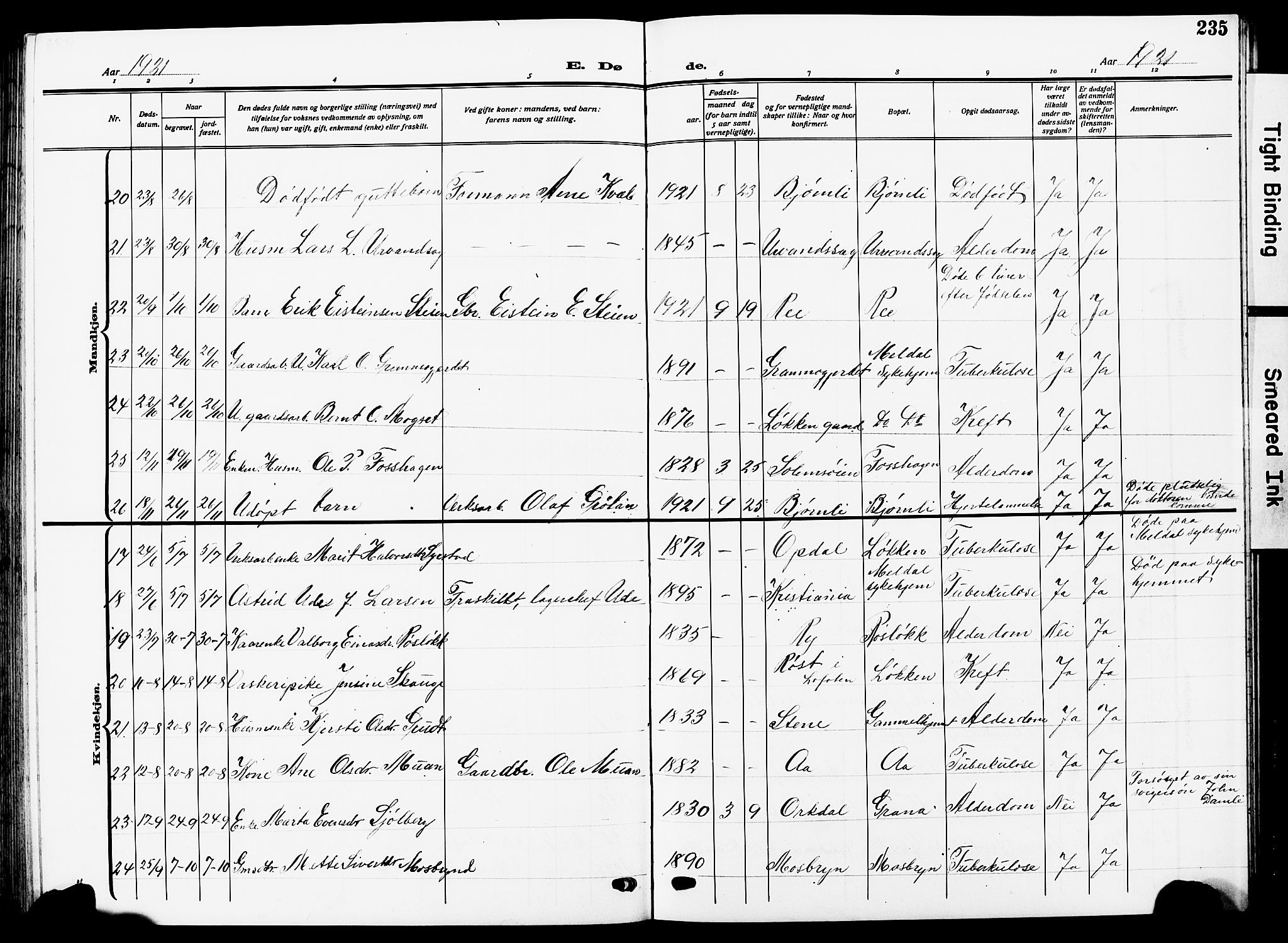 Ministerialprotokoller, klokkerbøker og fødselsregistre - Sør-Trøndelag, AV/SAT-A-1456/672/L0865: Parish register (copy) no. 672C04, 1914-1928, p. 235