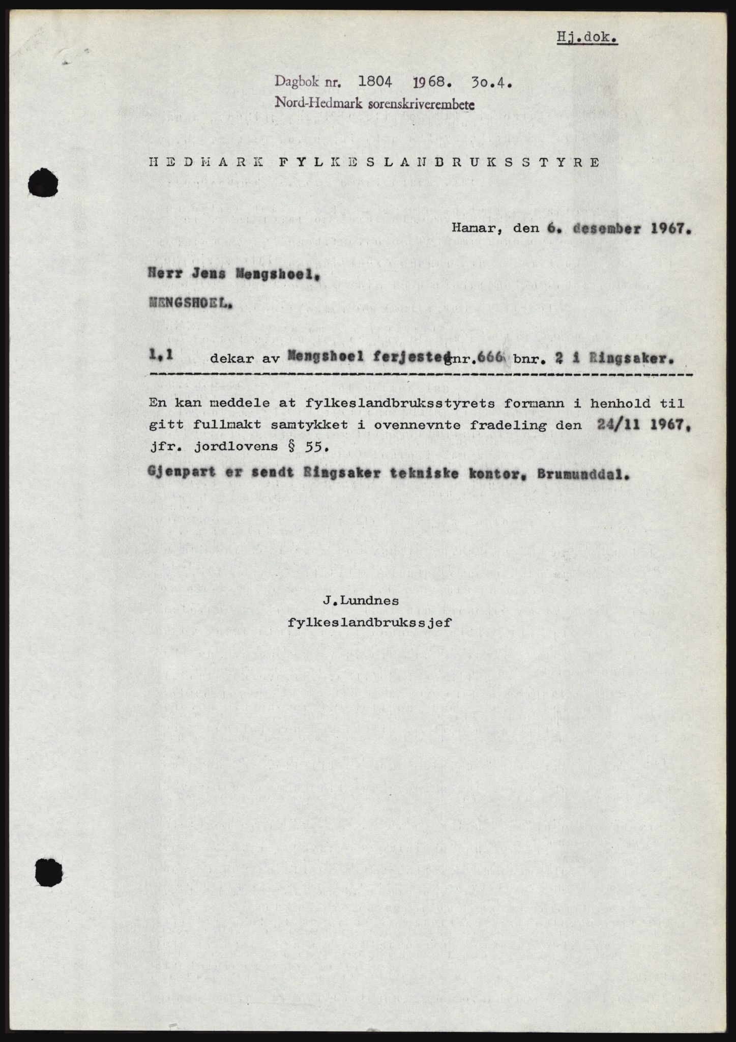 Nord-Hedmark sorenskriveri, SAH/TING-012/H/Hc/L0027: Mortgage book no. 27, 1967-1968, Diary no: : 1804/1968