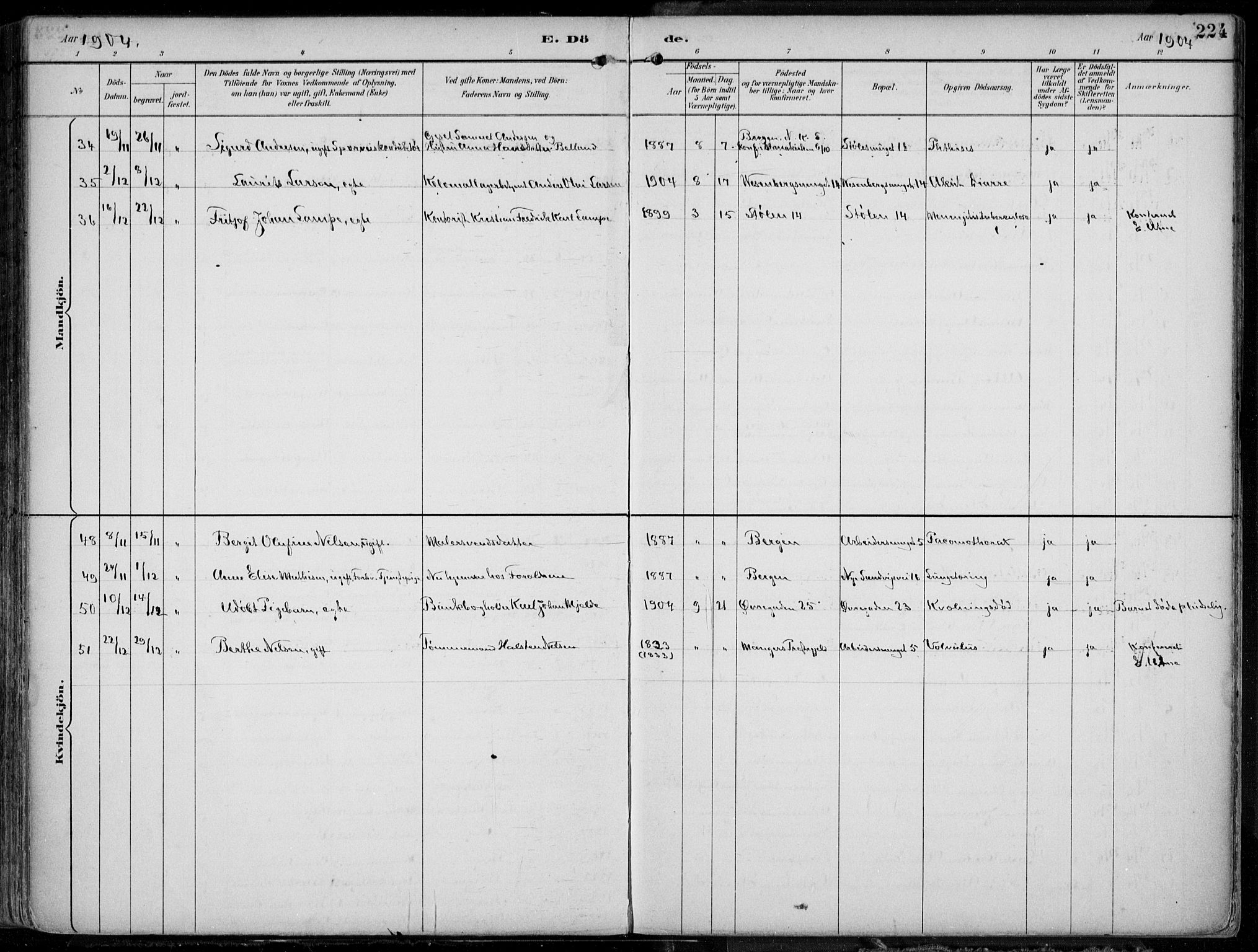 Mariakirken Sokneprestembete, AV/SAB-A-76901/H/Hab/L0005: Parish register (copy) no. A 5, 1893-1913, p. 224