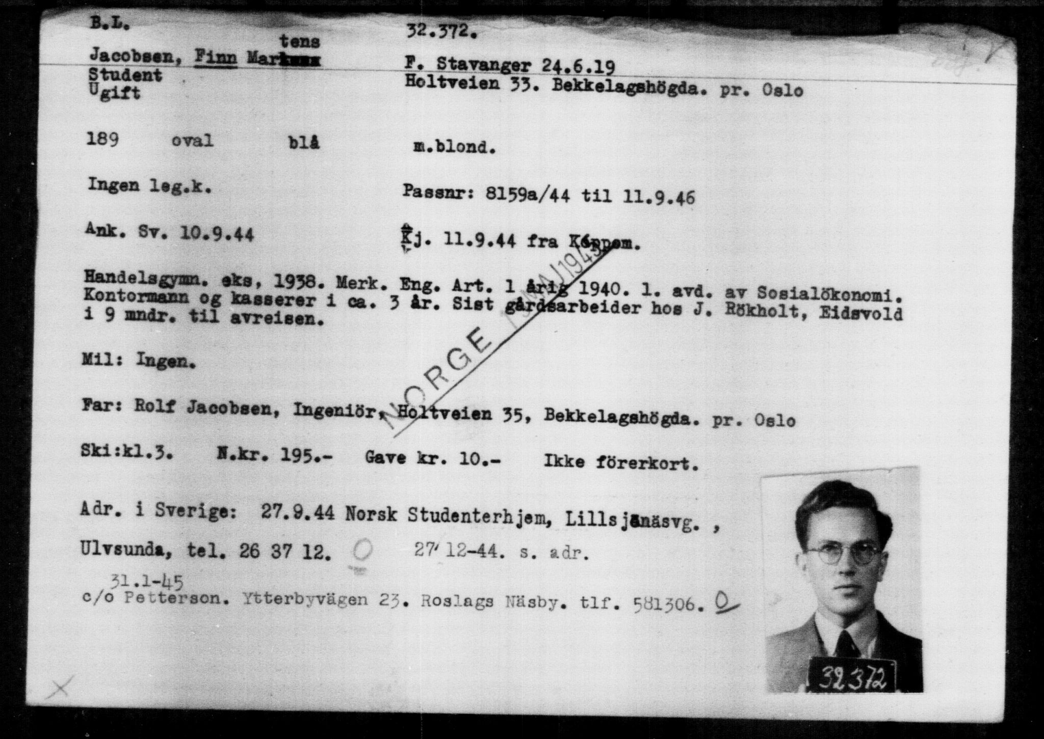 Utenriksstasjonene, Legasjonen i Stockholm, Flyktningkontoret, AV/RA-S-6753/V/Va/L0013: Kjesäterkartoteket, flyktninger med registreringsnr. 31500-34731, 1940-1945, p. 923