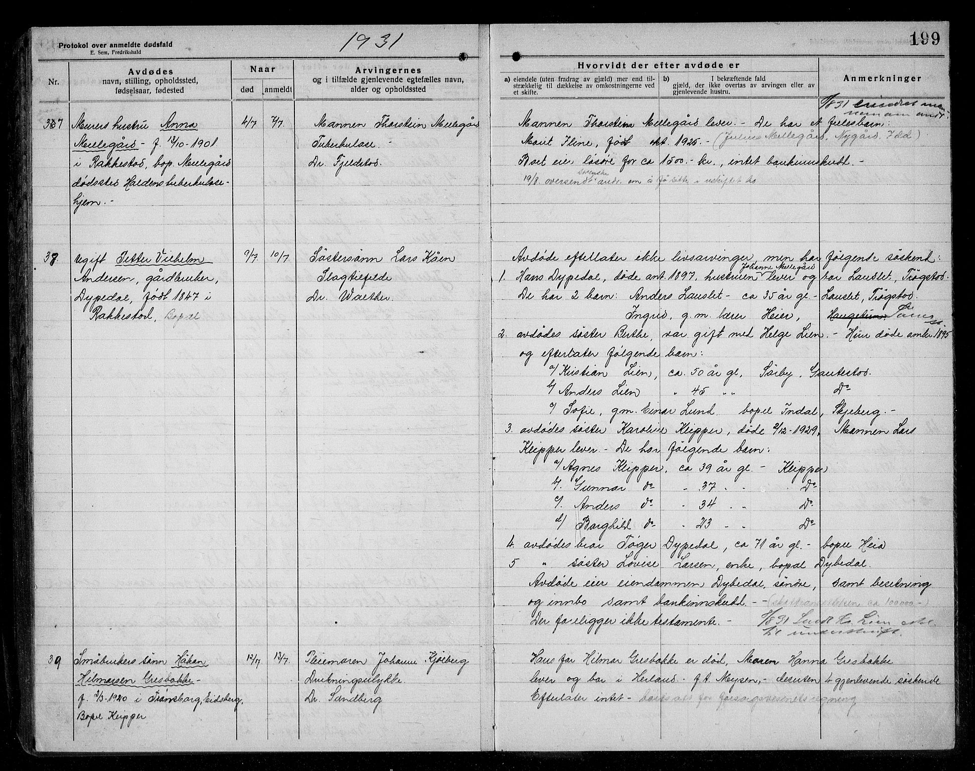Rakkestad lensmannskontor, AV/SAO-A-10004/H/Ha/Haa/L0004: Dødsanmeldelsesprotokoll, 1920-1931, p. 199