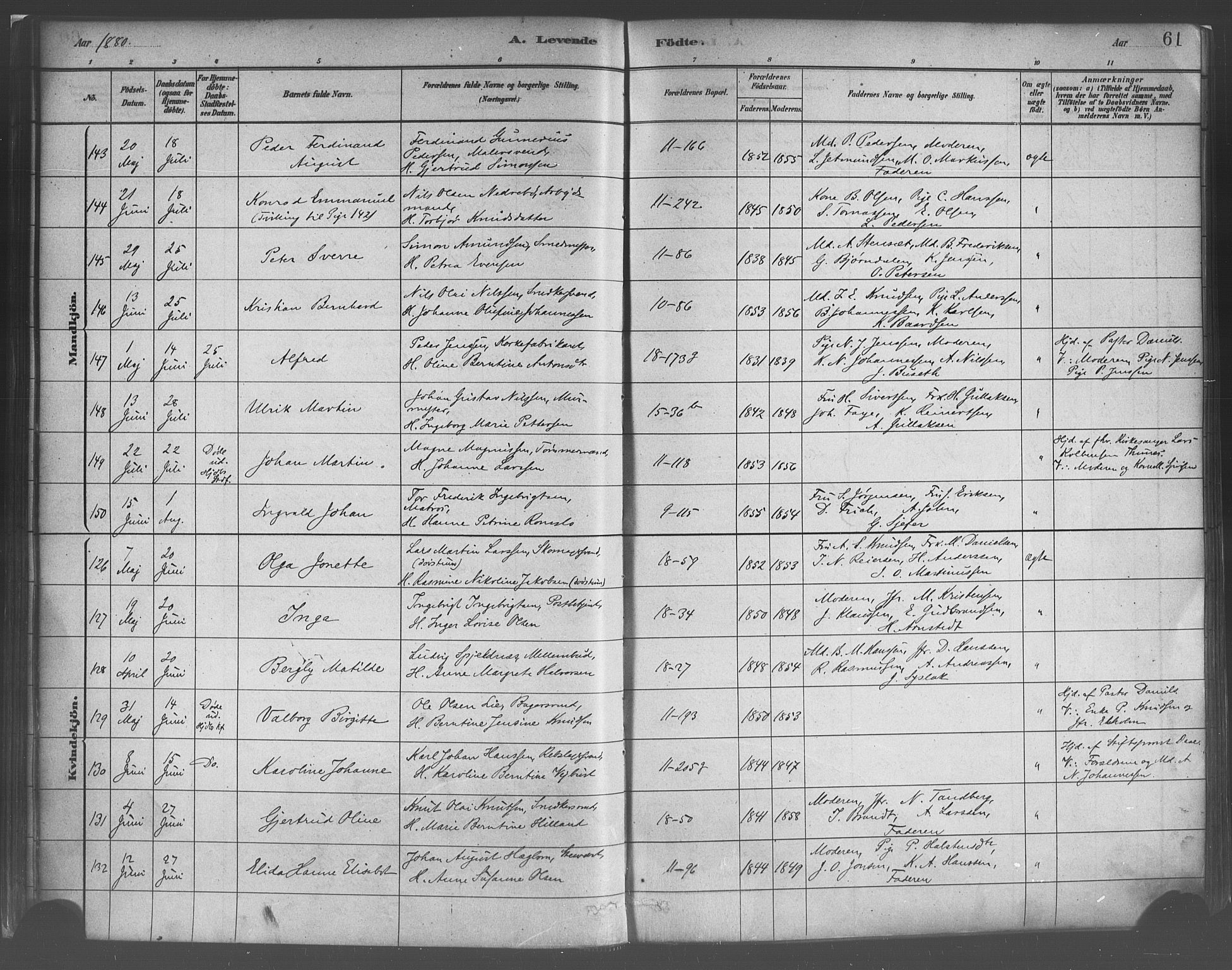Domkirken sokneprestembete, SAB/A-74801/H/Haa/L0023: Parish register (official) no. B 6, 1879-1887, p. 61