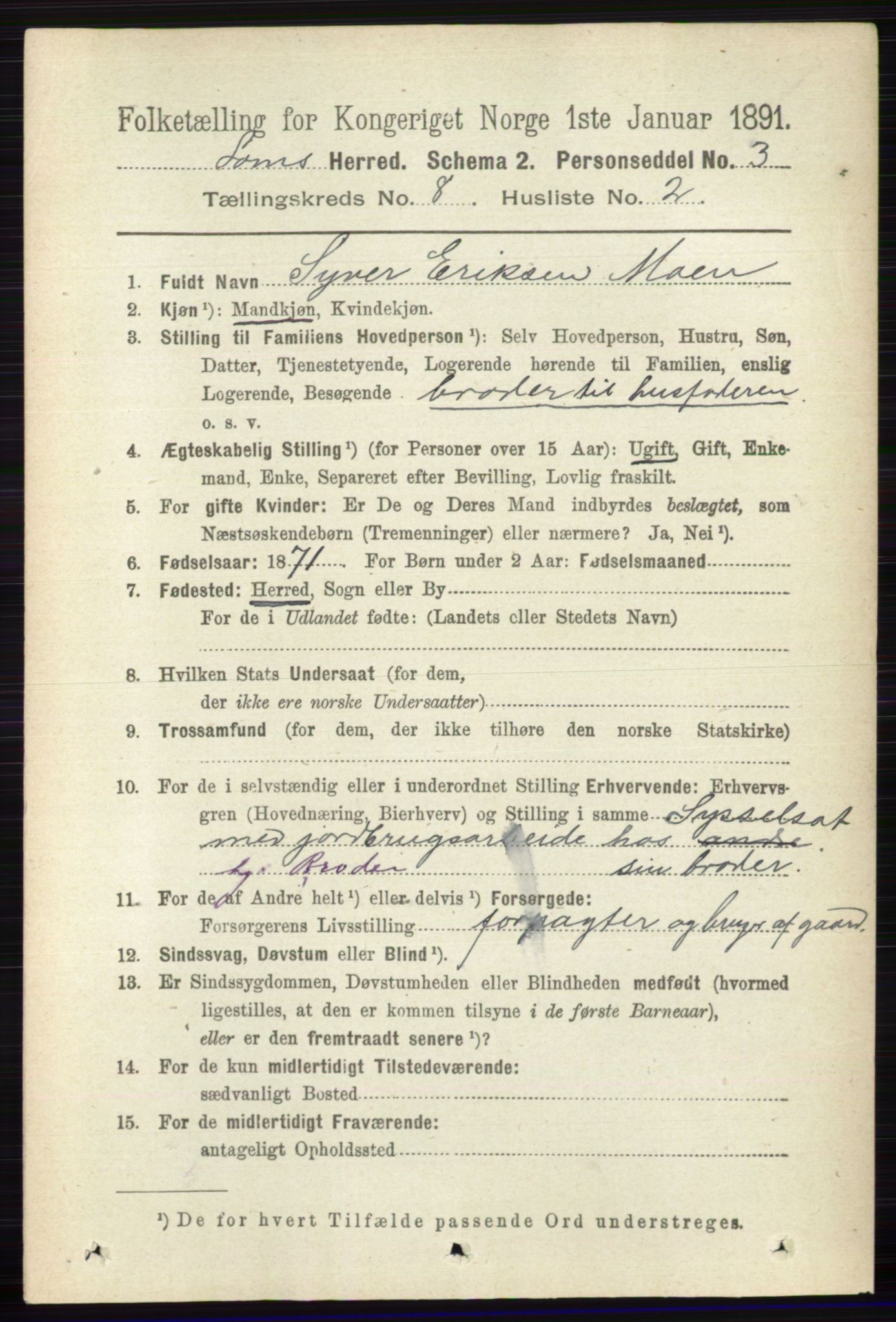 RA, 1891 census for 0514 Lom, 1891, p. 3111