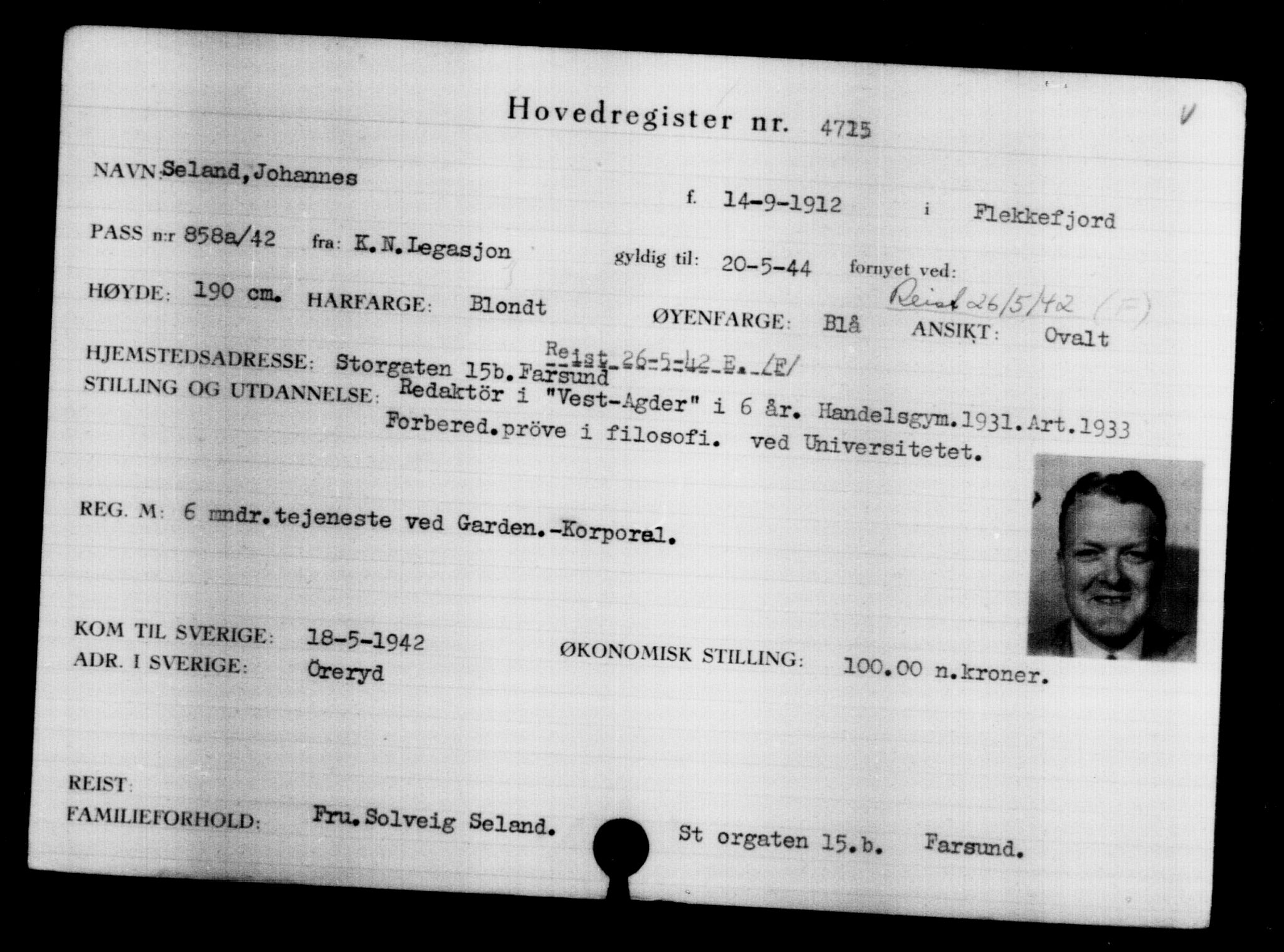 Utenriksstasjonene, Legasjonen i Stockholm, Flyktningkontoret, AV/RA-S-6753/V/Va/L0004: Kjesäterkartoteket, flyktninger med registreringsnr. 3496-6610, 1940-1945, p. 1440
