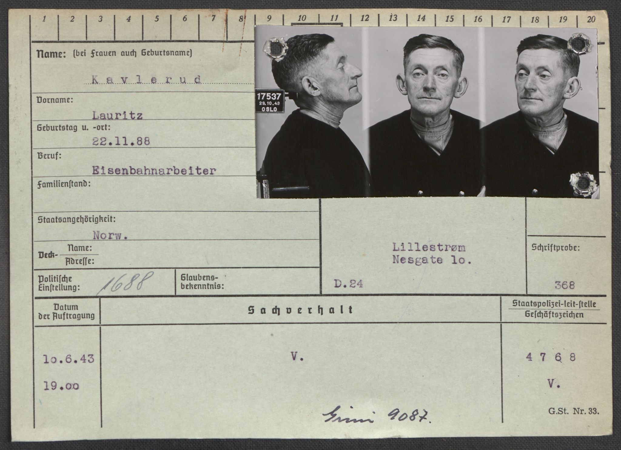 Befehlshaber der Sicherheitspolizei und des SD, AV/RA-RAFA-5969/E/Ea/Eaa/L0005: Register over norske fanger i Møllergata 19: Hø-Kj, 1940-1945, p. 1309