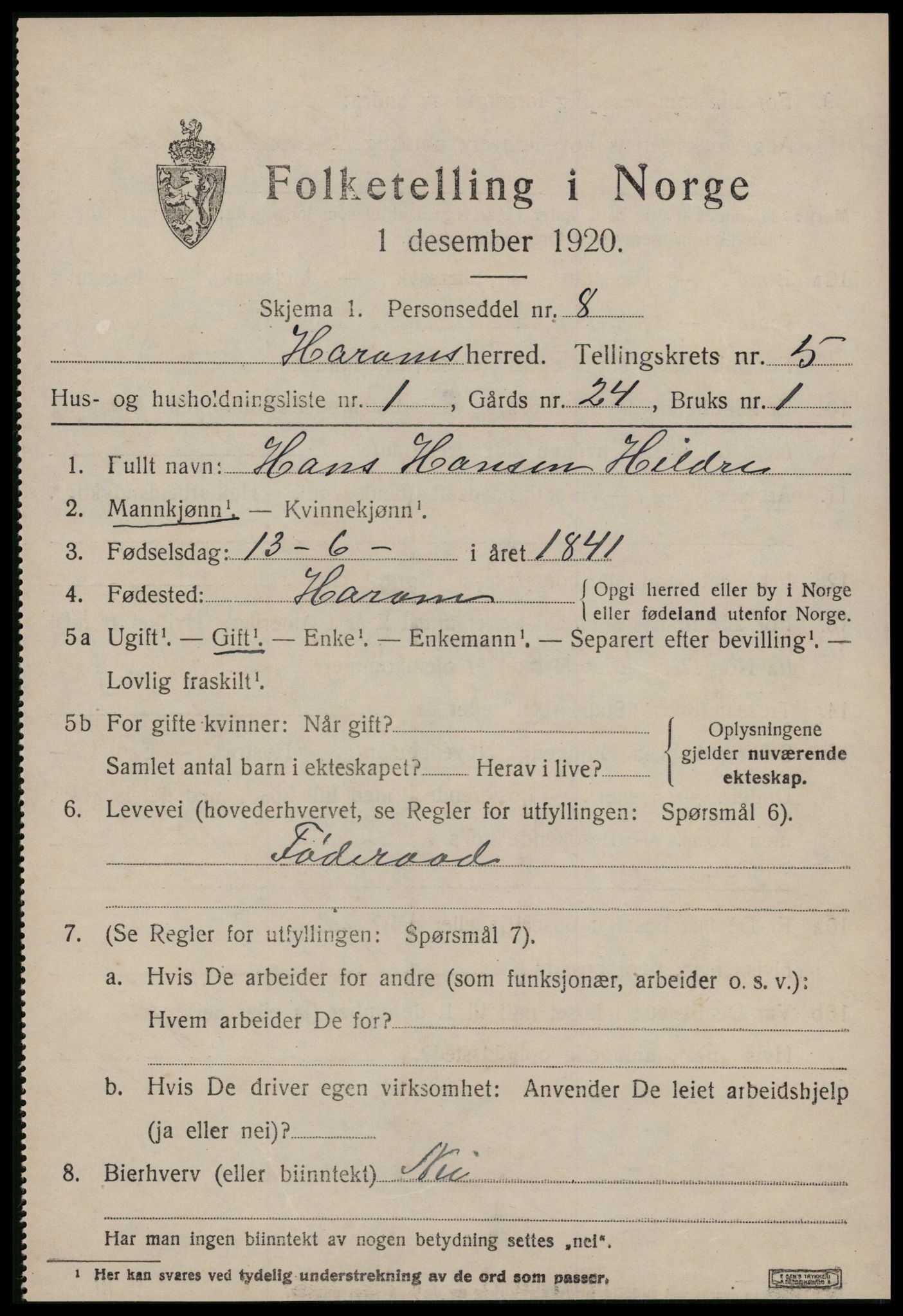 SAT, 1920 census for Haram, 1920, p. 2809