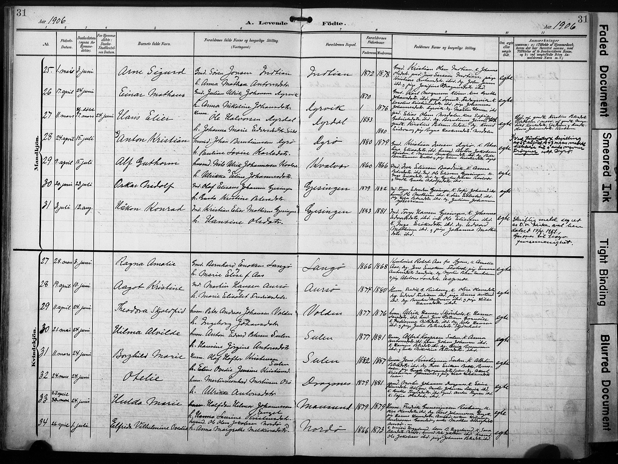 Ministerialprotokoller, klokkerbøker og fødselsregistre - Sør-Trøndelag, AV/SAT-A-1456/640/L0580: Parish register (official) no. 640A05, 1902-1910, p. 31