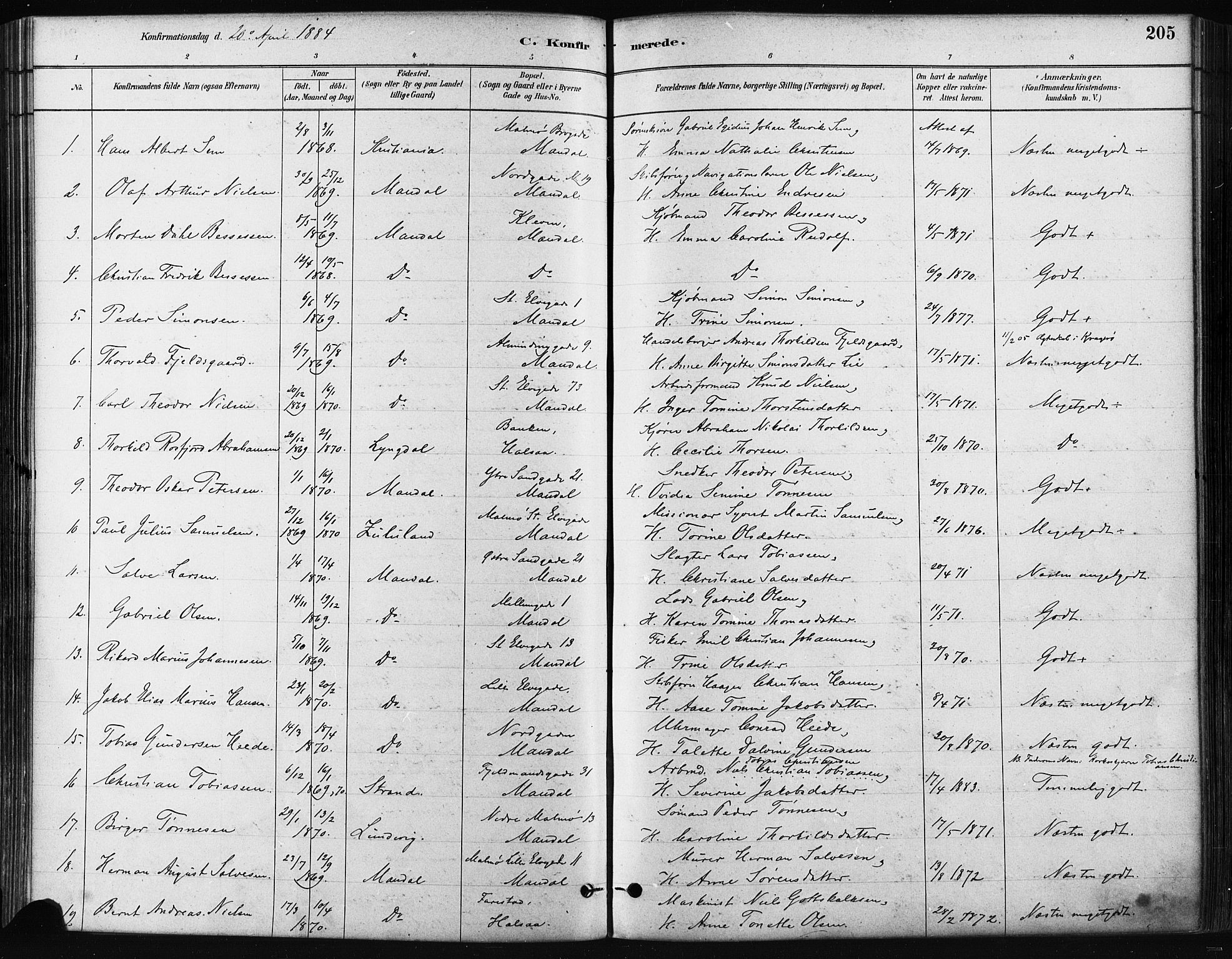 Mandal sokneprestkontor, SAK/1111-0030/F/Fa/Faa/L0016: Parish register (official) no. A 16, 1880-1890, p. 205