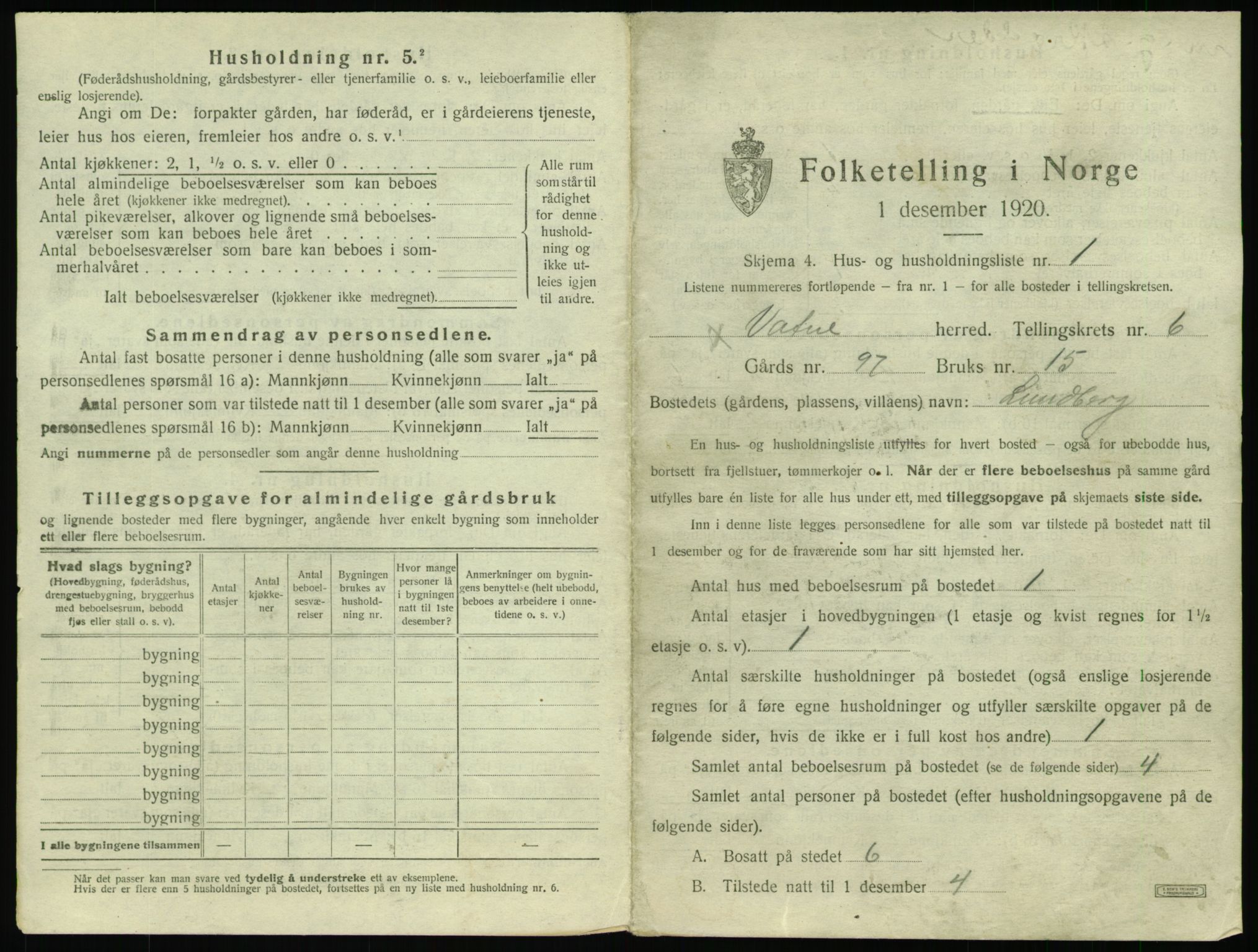 SAT, 1920 census for Vatne, 1920, p. 364