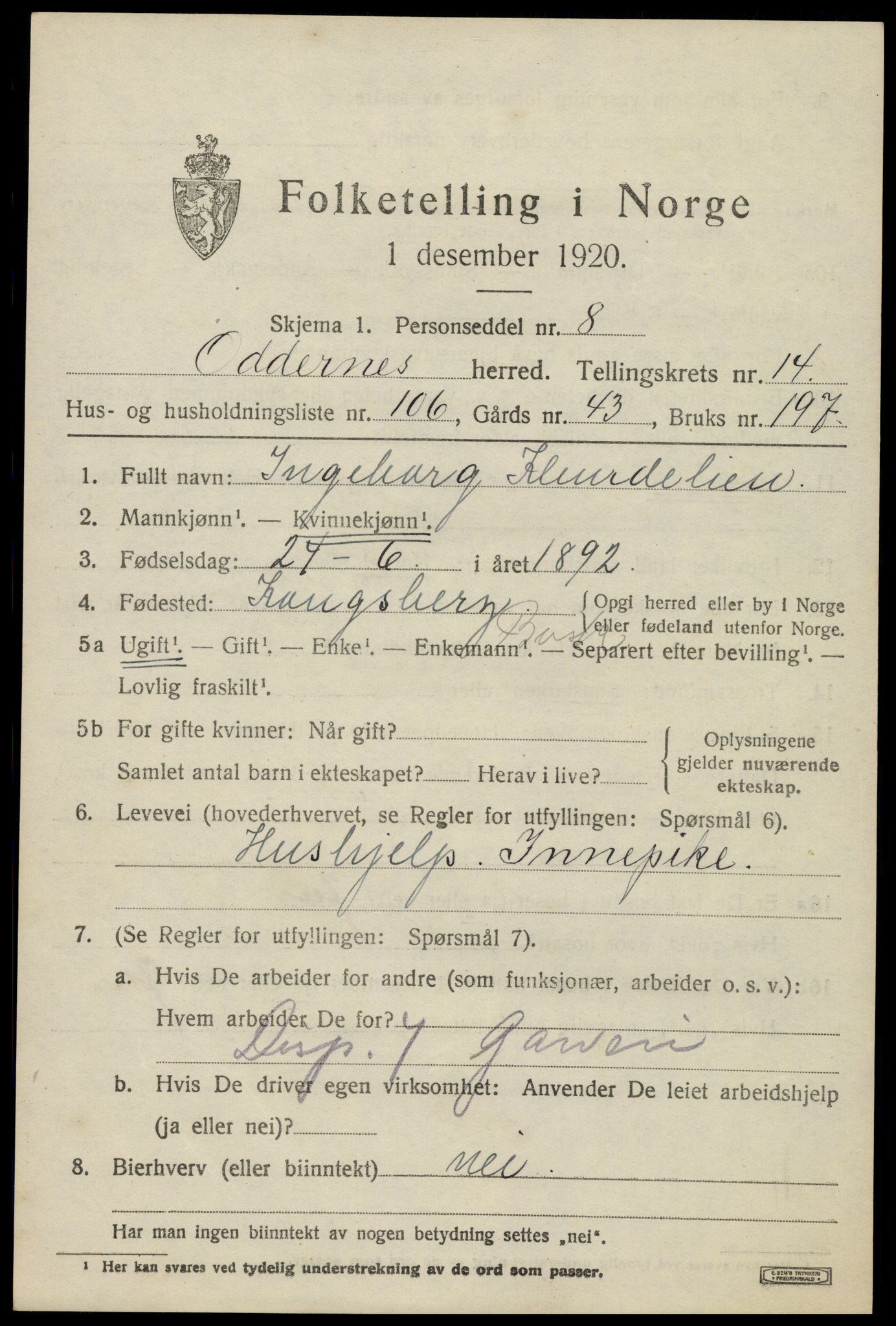 SAK, 1920 census for Oddernes, 1920, p. 9857