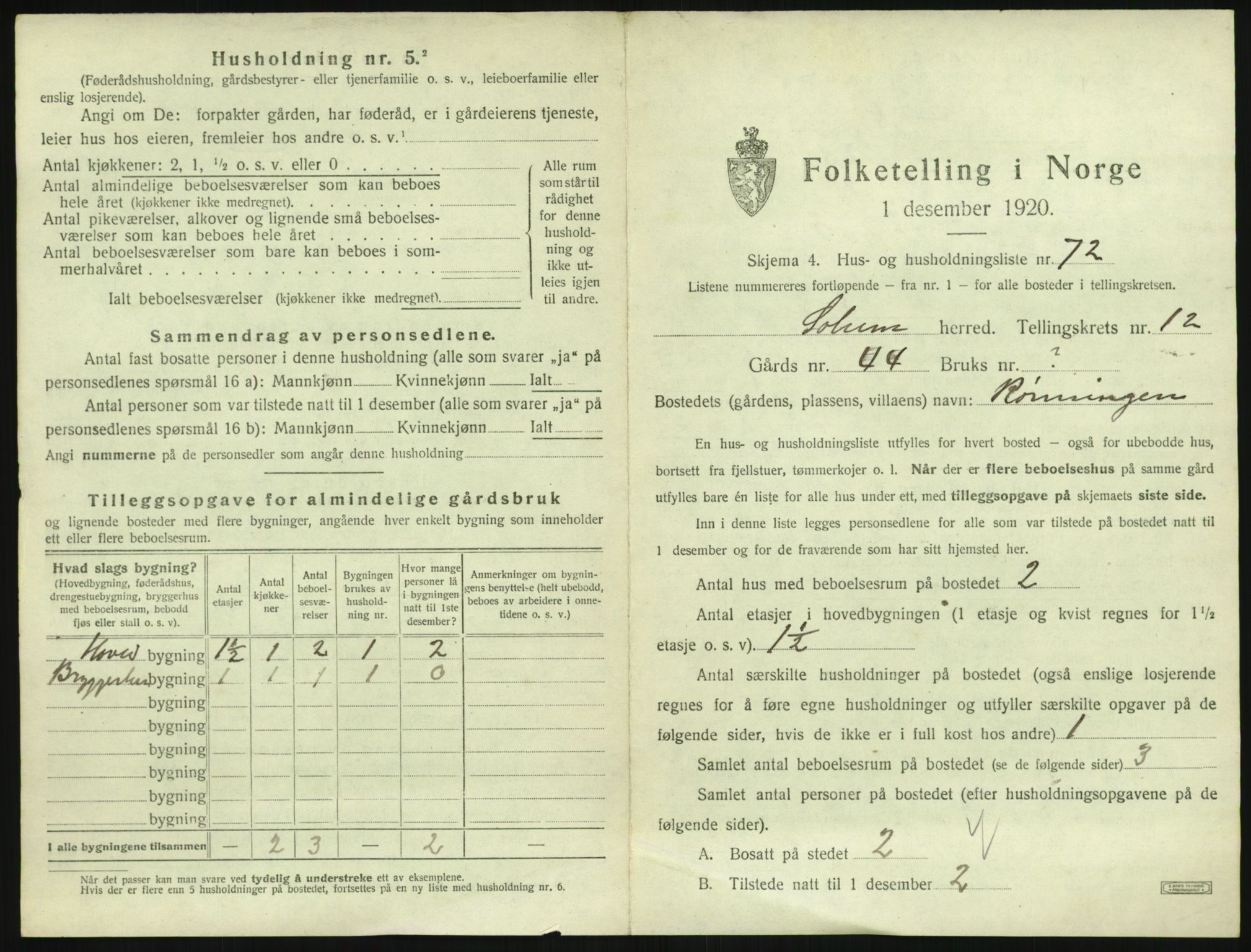 SAKO, 1920 census for Solum, 1920, p. 2242