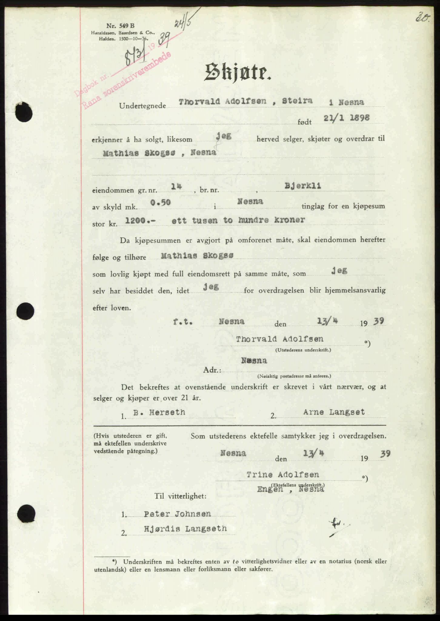 Rana sorenskriveri , SAT/A-1108/1/2/2C: Mortgage book no. A 6, 1939-1940, Diary no: : 813/1939