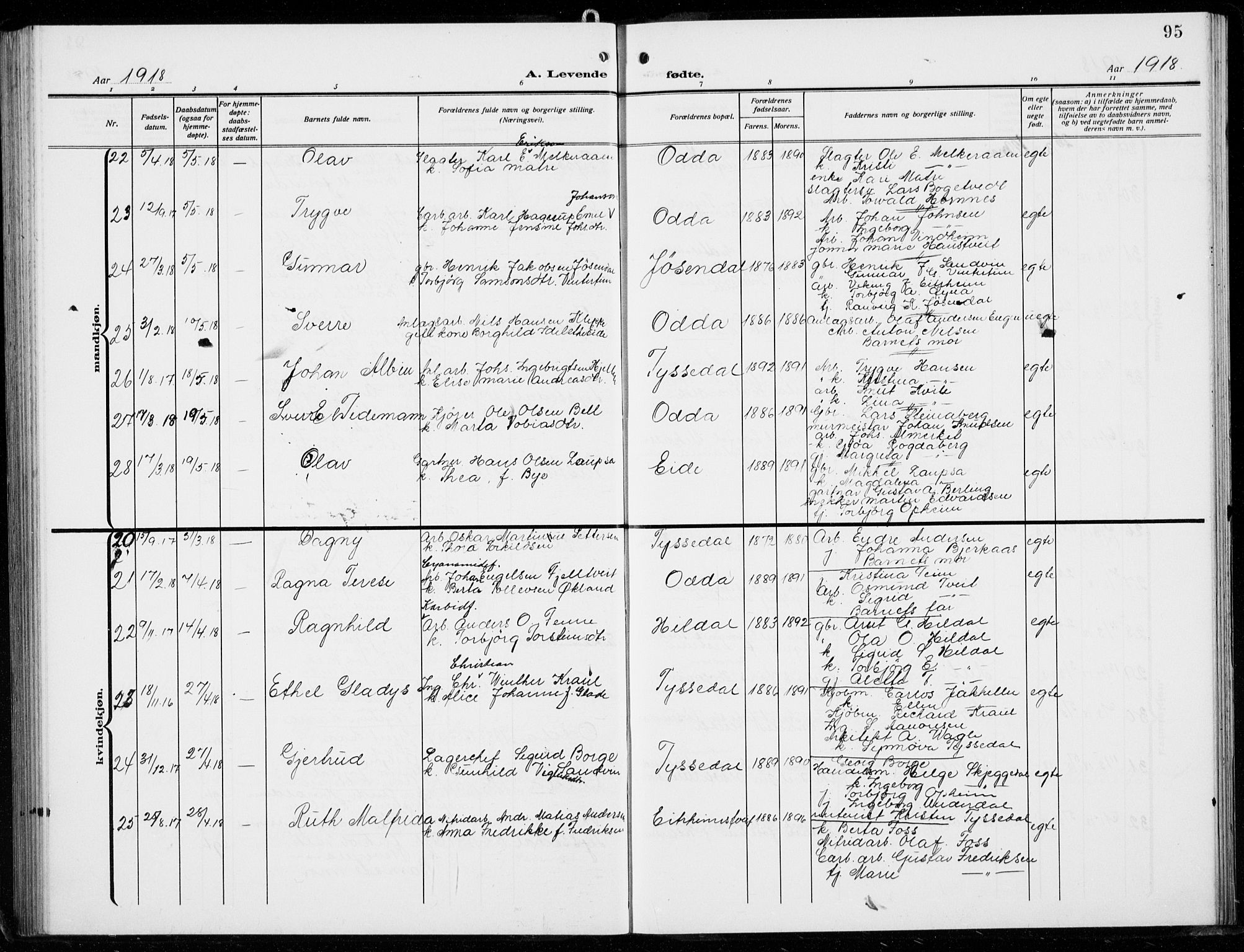 Odda Sokneprestembete, SAB/A-77201/H/Hab: Parish register (copy) no. B  2, 1910-1923, p. 95