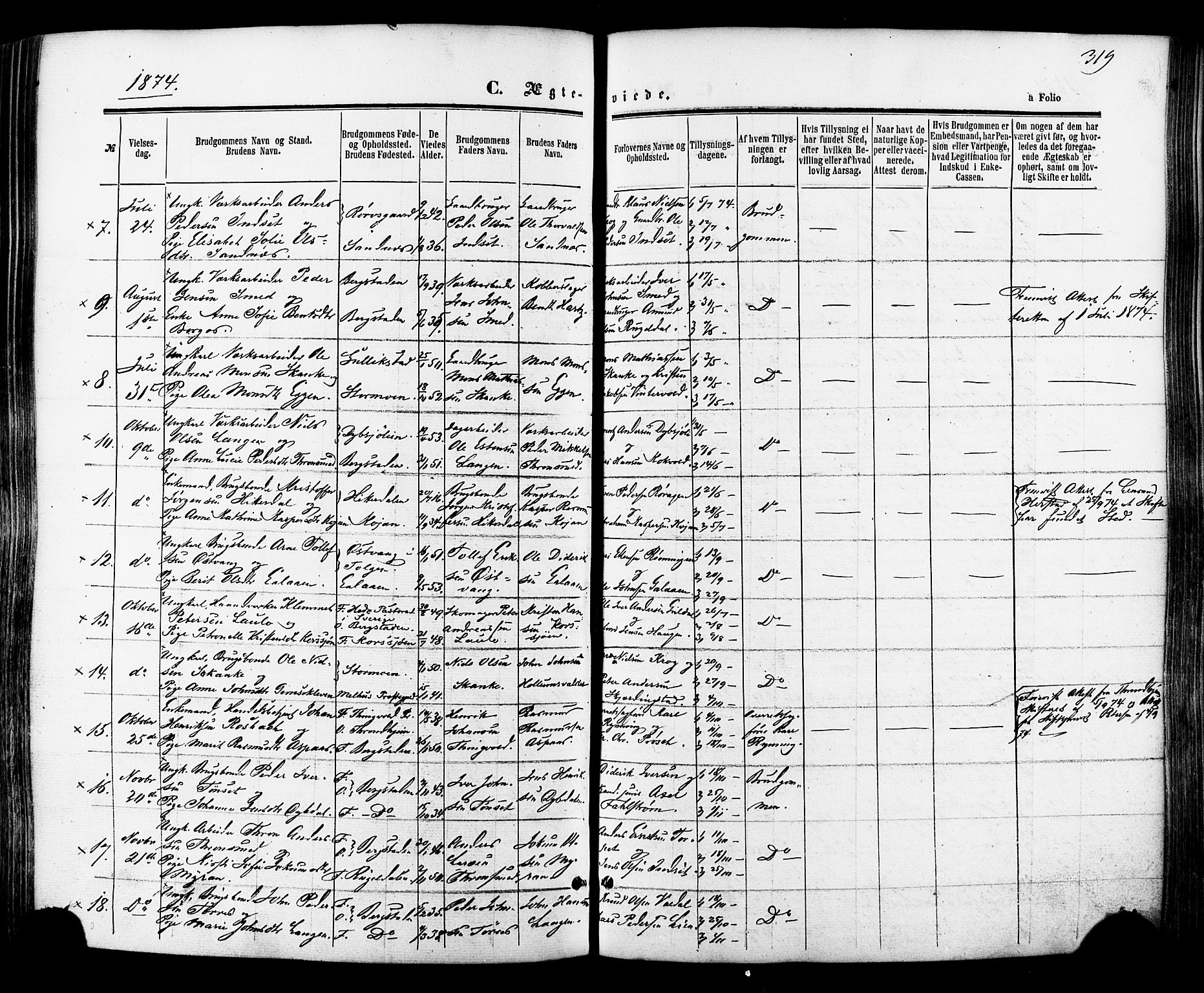 Ministerialprotokoller, klokkerbøker og fødselsregistre - Sør-Trøndelag, SAT/A-1456/681/L0932: Parish register (official) no. 681A10, 1860-1878, p. 319