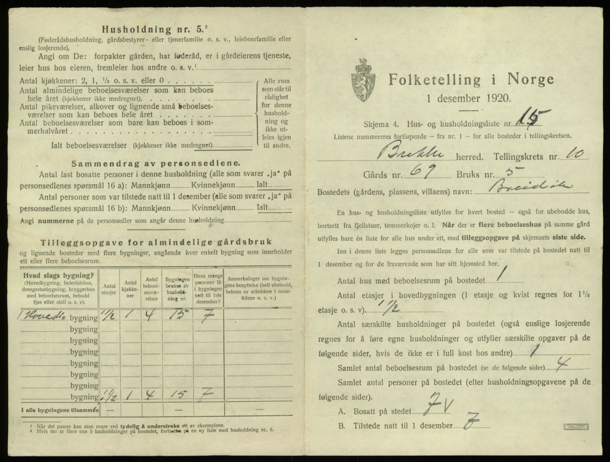 SAB, 1920 census for Brekke, 1920, p. 326