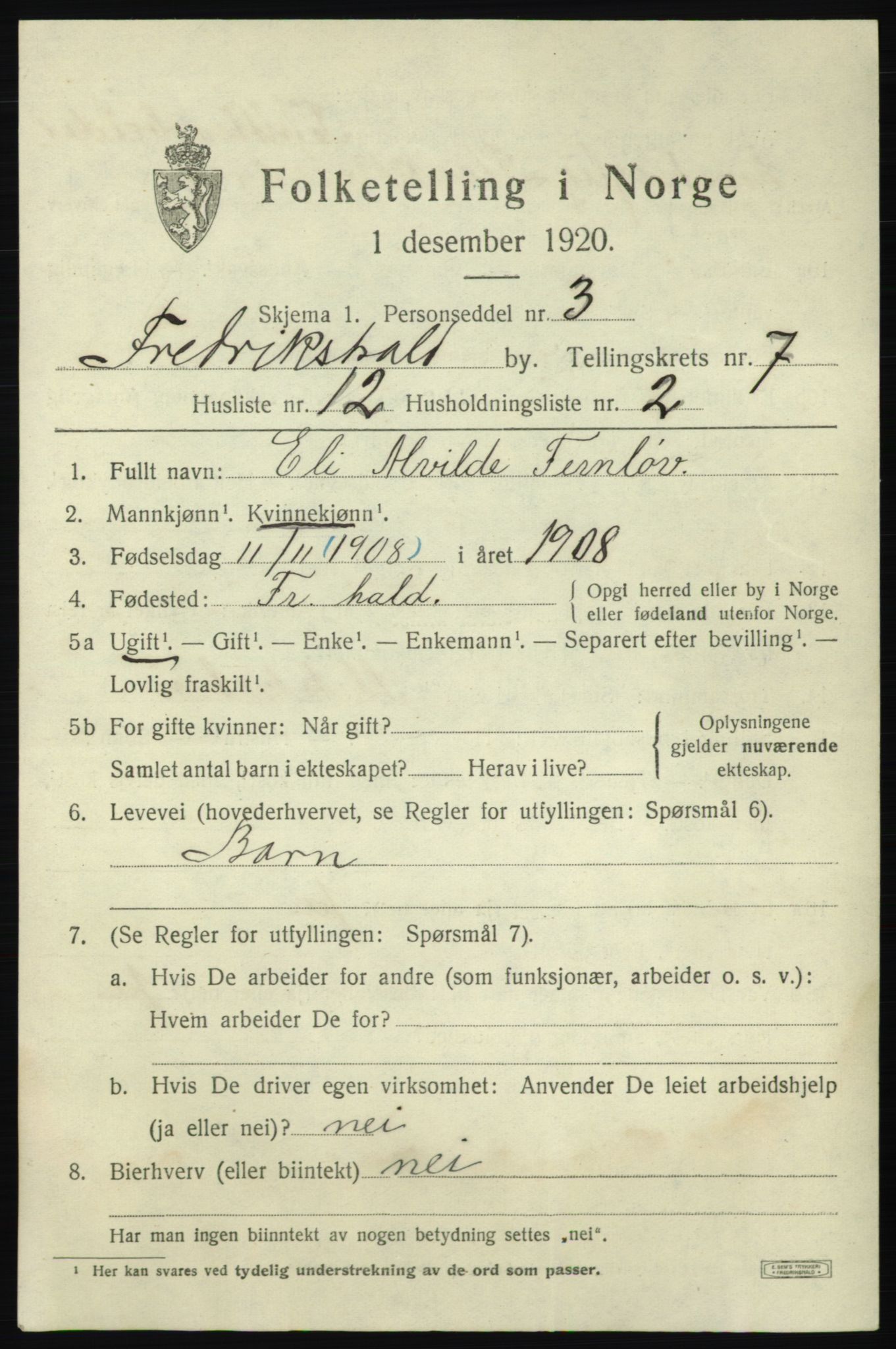 SAO, 1920 census for Fredrikshald, 1920, p. 14040