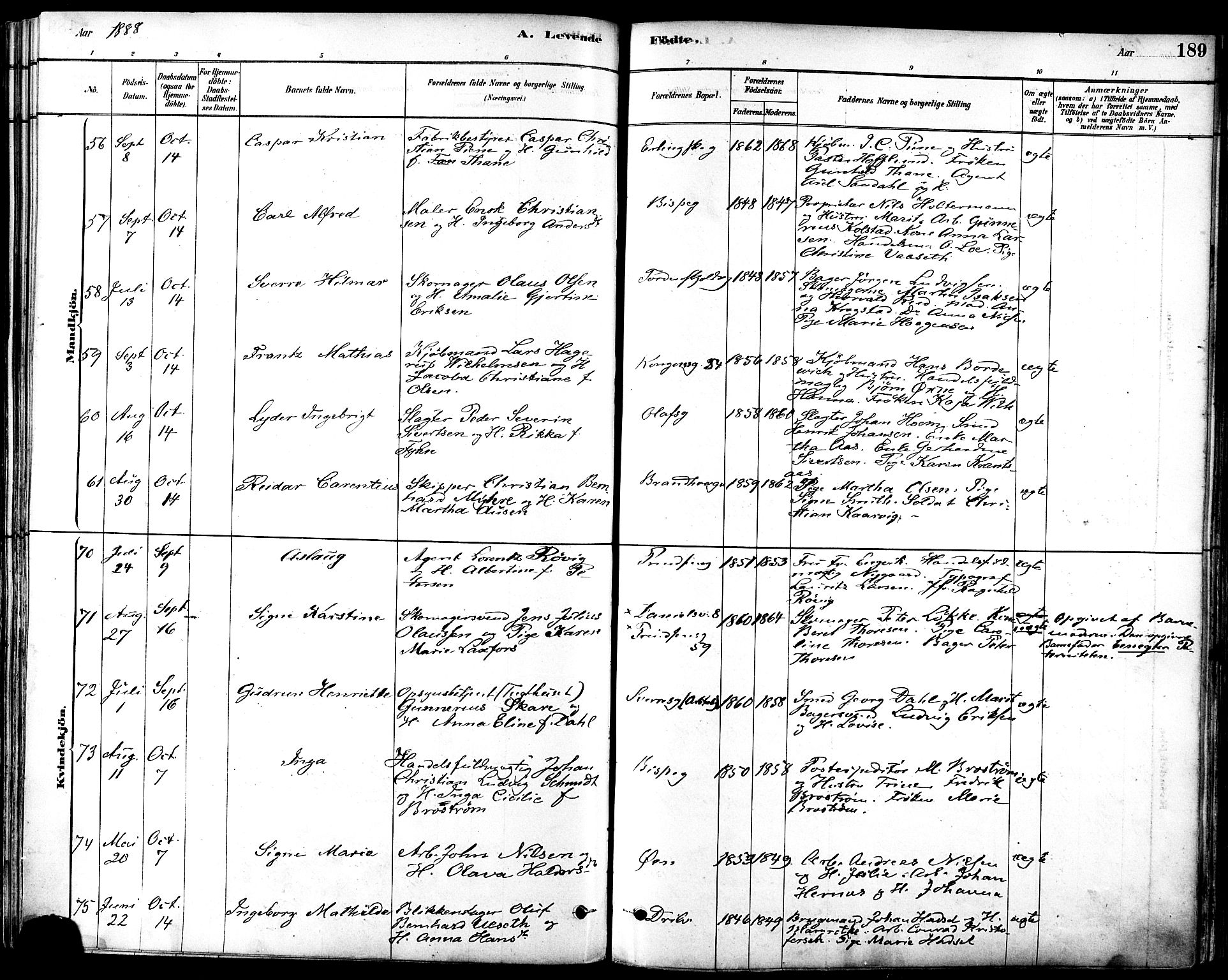 Ministerialprotokoller, klokkerbøker og fødselsregistre - Sør-Trøndelag, SAT/A-1456/601/L0057: Parish register (official) no. 601A25, 1877-1891, p. 189