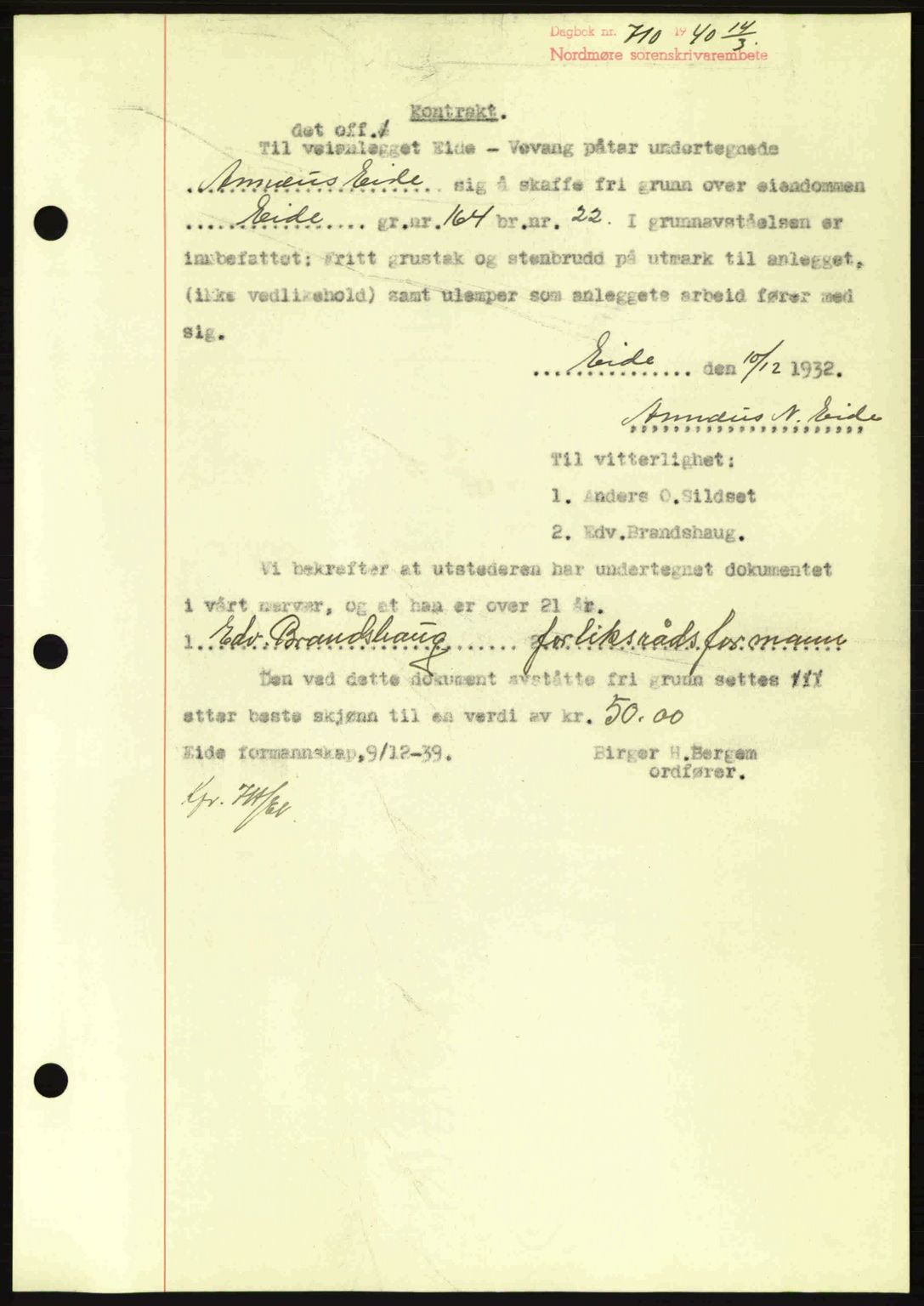 Nordmøre sorenskriveri, AV/SAT-A-4132/1/2/2Ca: Mortgage book no. B86, 1939-1940, Diary no: : 710/1940