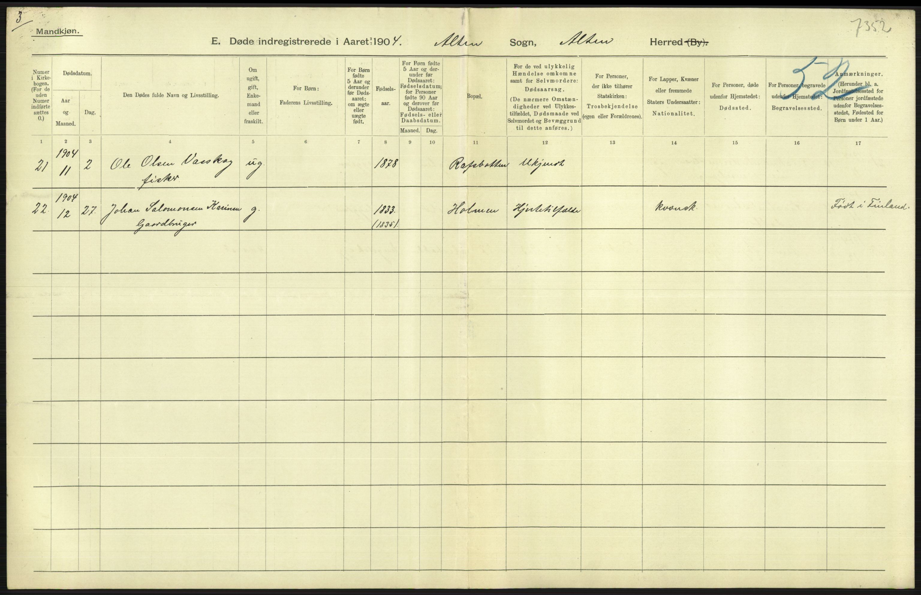 Statistisk sentralbyrå, Sosiodemografiske emner, Befolkning, RA/S-2228/D/Df/Dfa/Dfab/L0023: Finnmarkens amt: Fødte, gifte, døde, 1904, p. 221