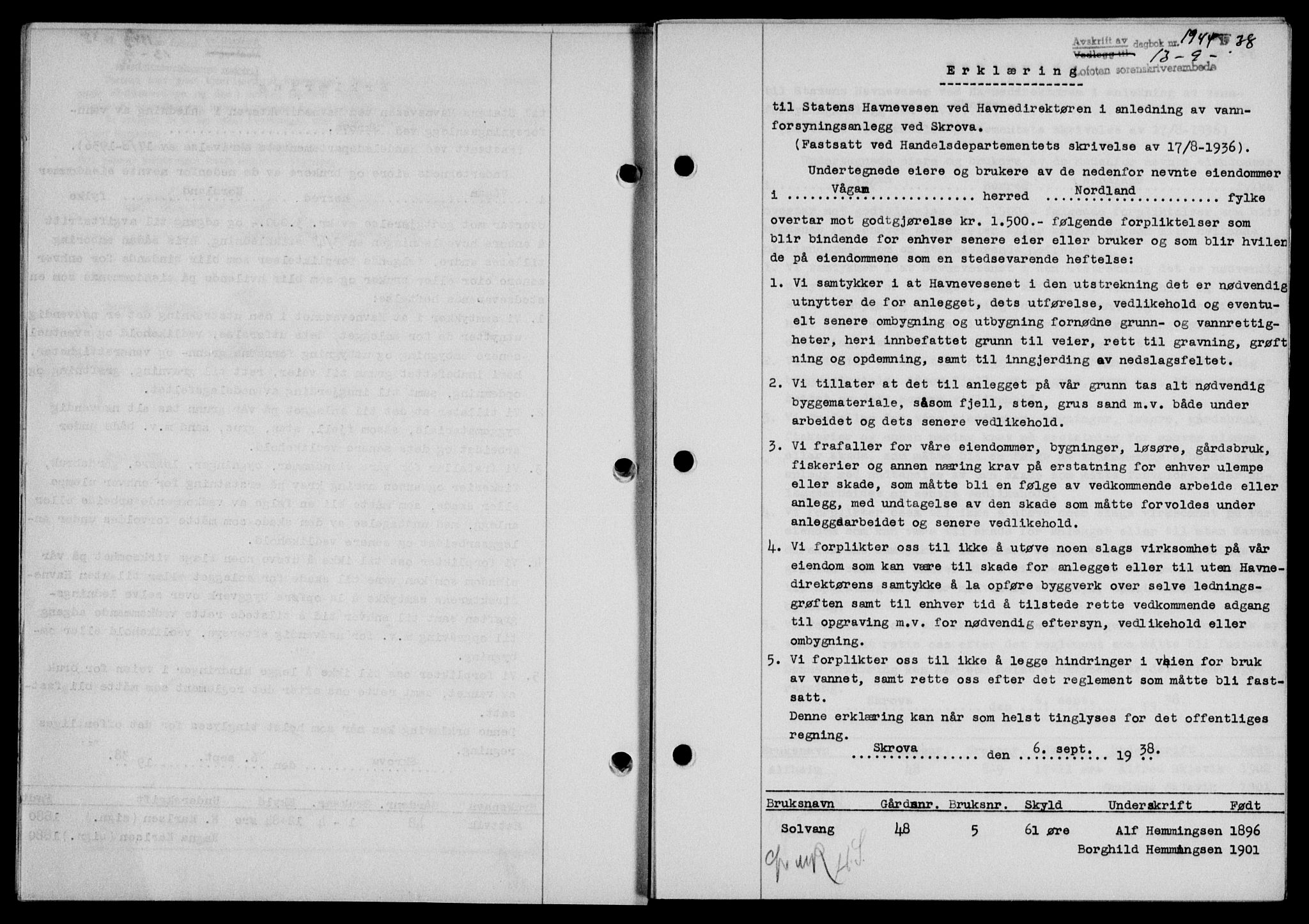 Lofoten sorenskriveri, SAT/A-0017/1/2/2C/L0004a: Mortgage book no. 4a, 1938-1938, Diary no: : 1944/1938