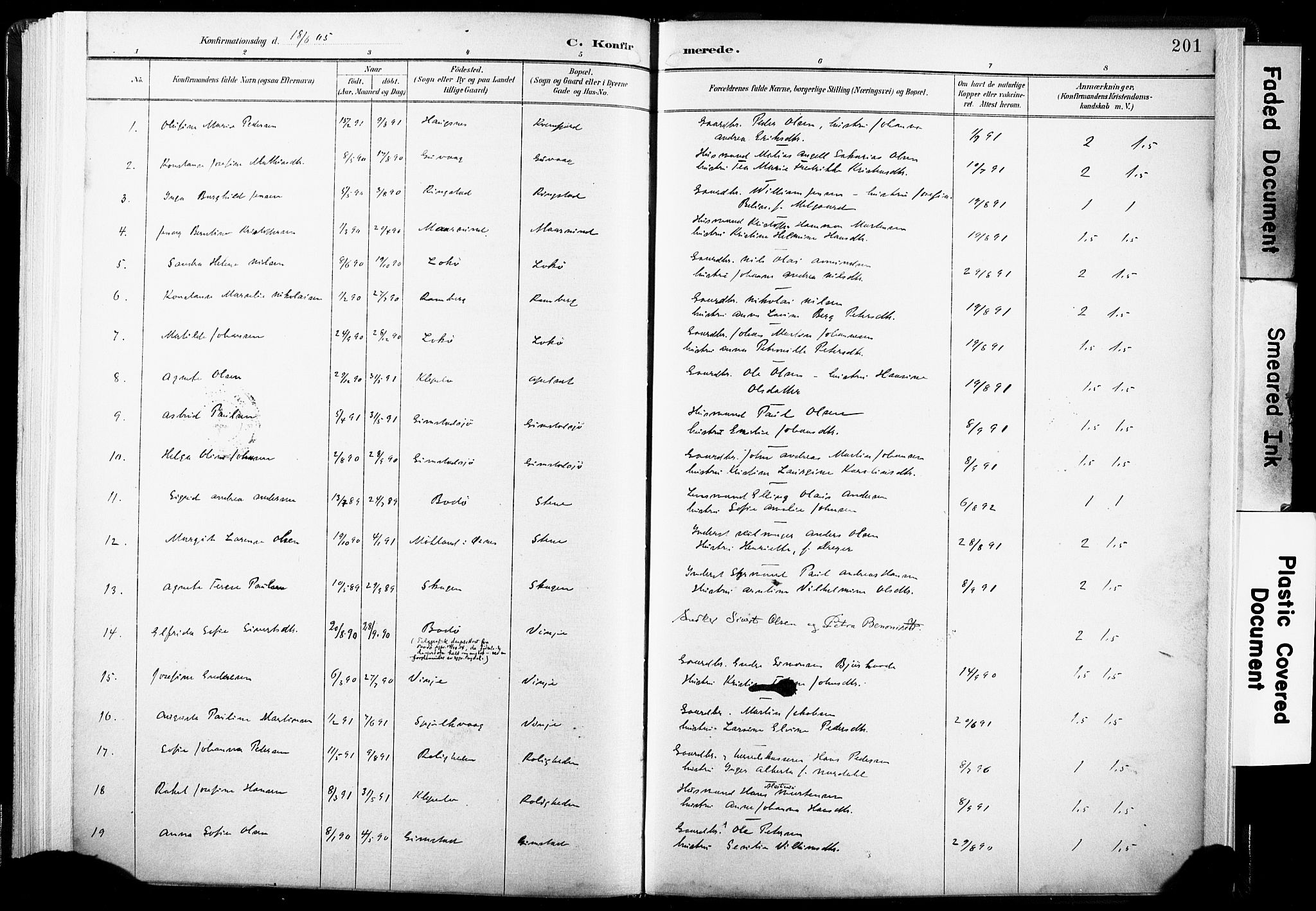 Ministerialprotokoller, klokkerbøker og fødselsregistre - Nordland, SAT/A-1459/891/L1304: Parish register (official) no. 891A09, 1895-1921, p. 201