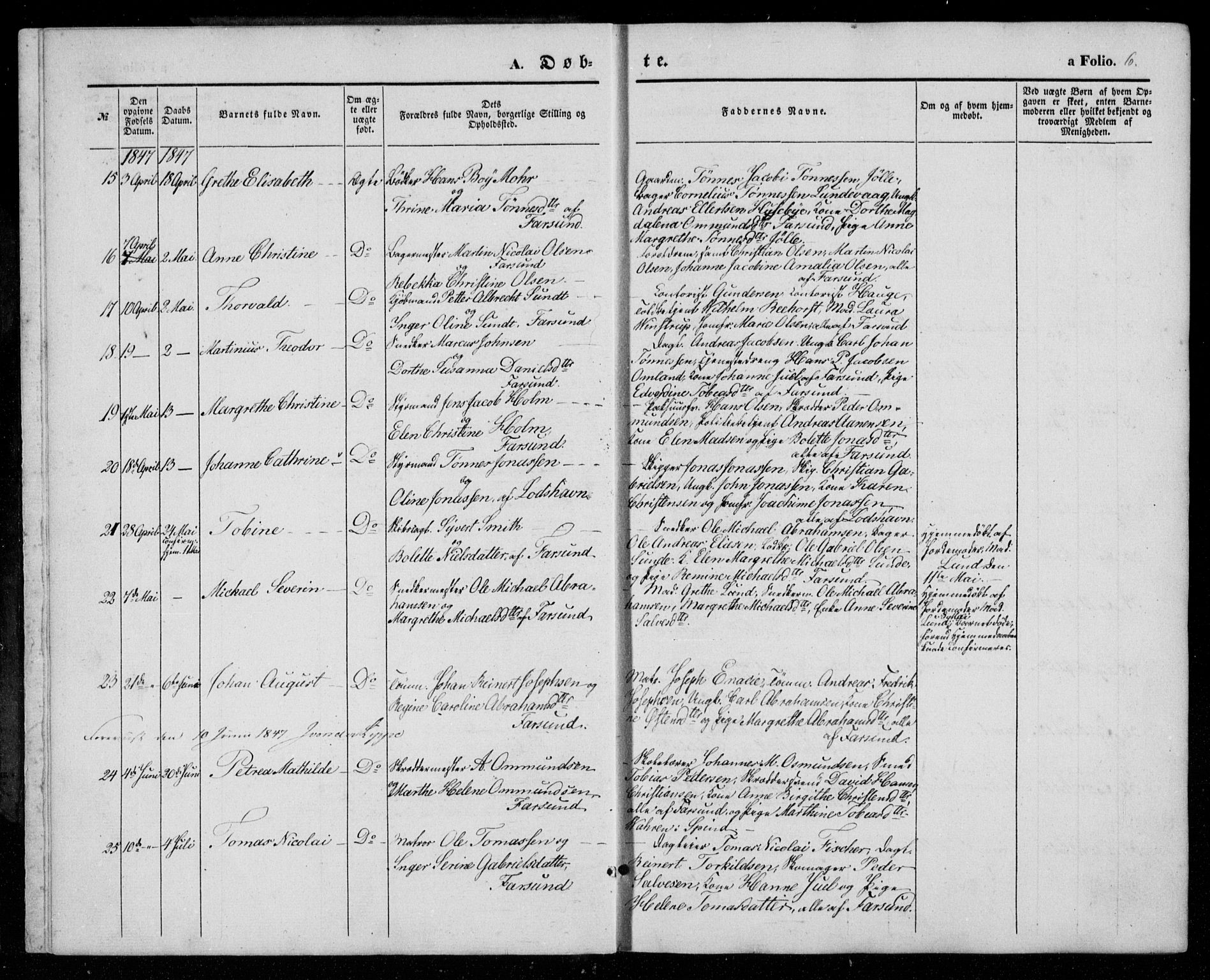 Farsund sokneprestkontor, SAK/1111-0009/F/Fa/L0004: Parish register (official) no. A 4, 1847-1863, p. 6