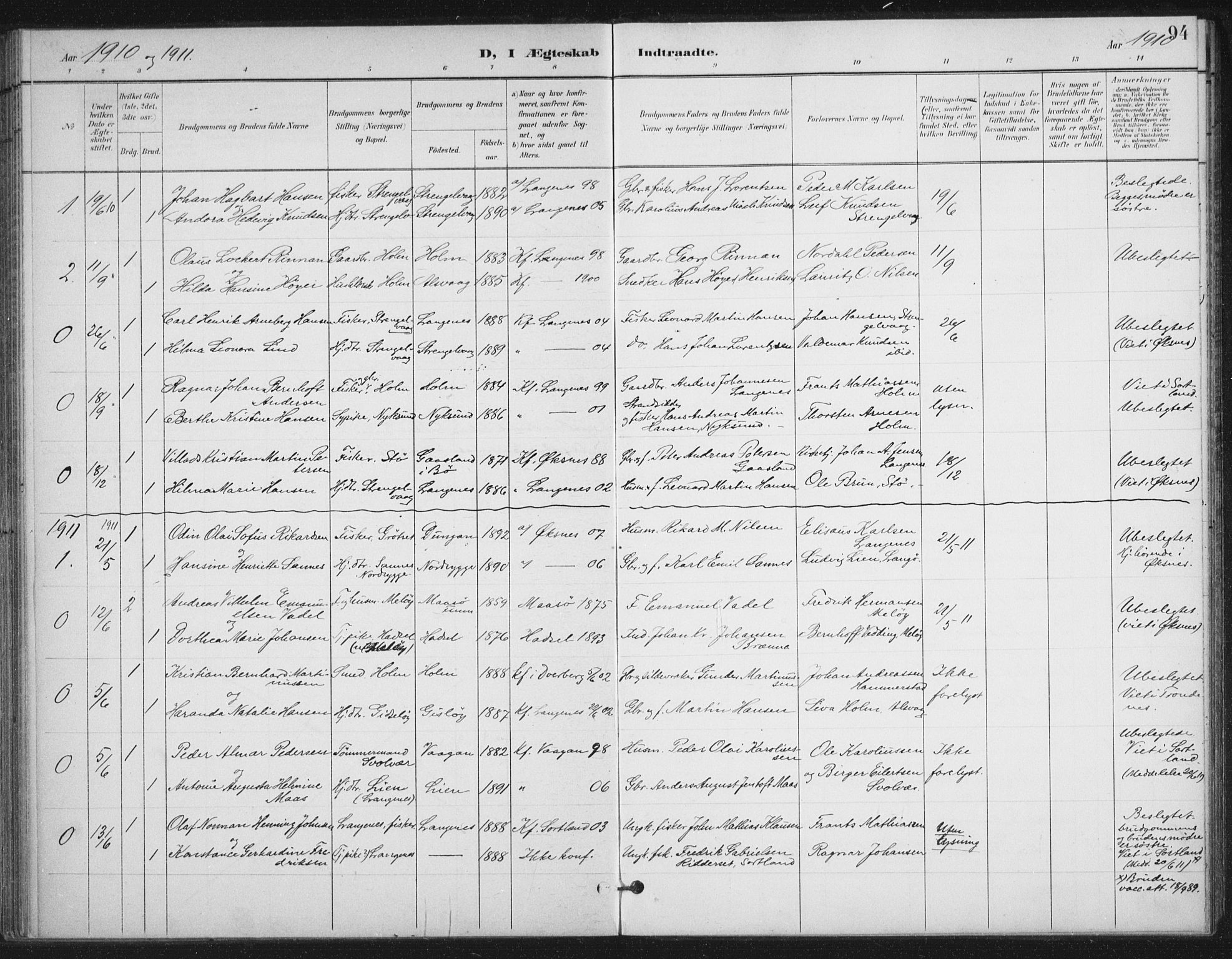 Ministerialprotokoller, klokkerbøker og fødselsregistre - Nordland, SAT/A-1459/894/L1356: Parish register (official) no. 894A02, 1897-1914, p. 94