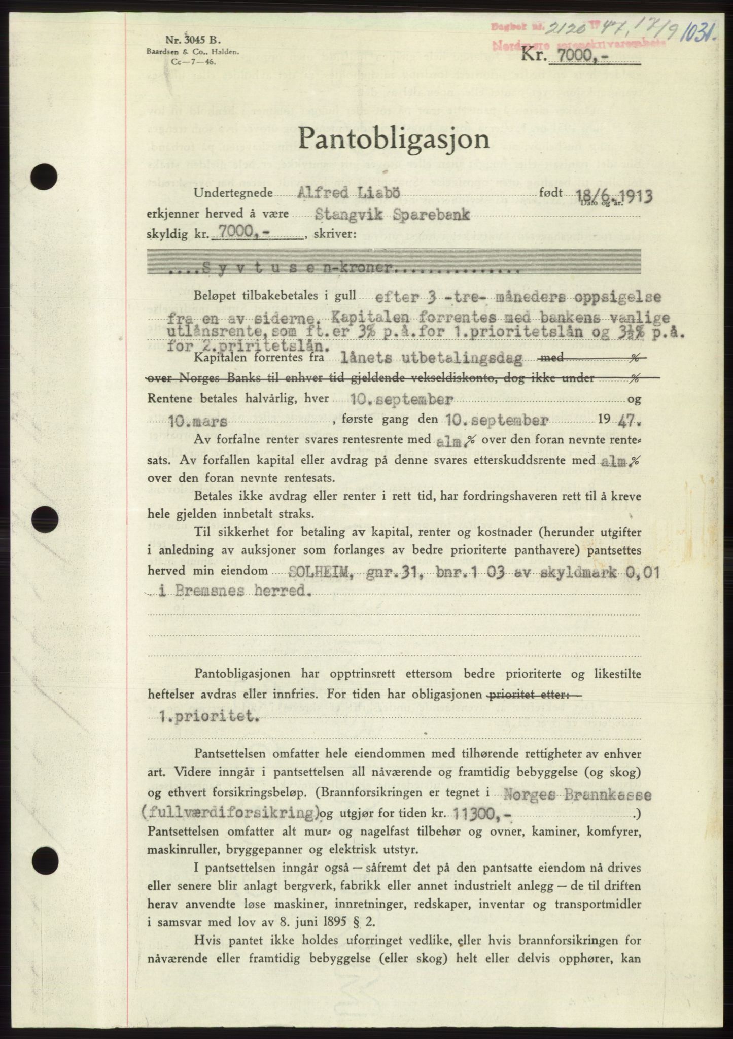 Nordmøre sorenskriveri, AV/SAT-A-4132/1/2/2Ca: Mortgage book no. B96, 1947-1947, Diary no: : 2120/1947