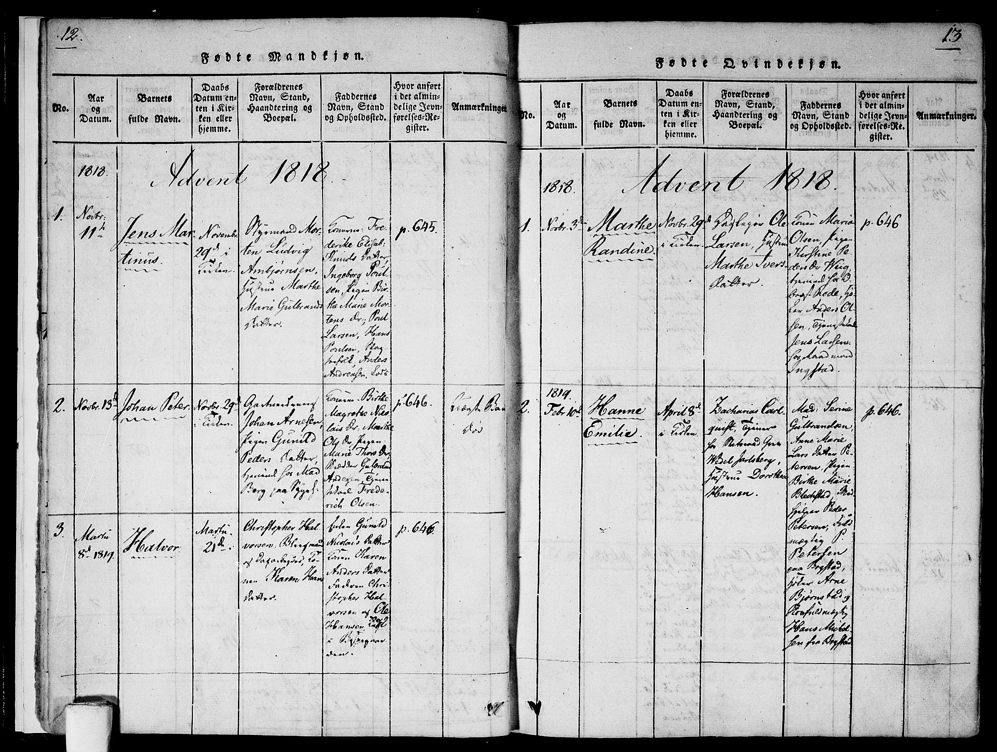 Gamlebyen prestekontor Kirkebøker, SAO/A-10884/F/Fa/L0002: Parish register (official) no. 2, 1817-1829, p. 12-13