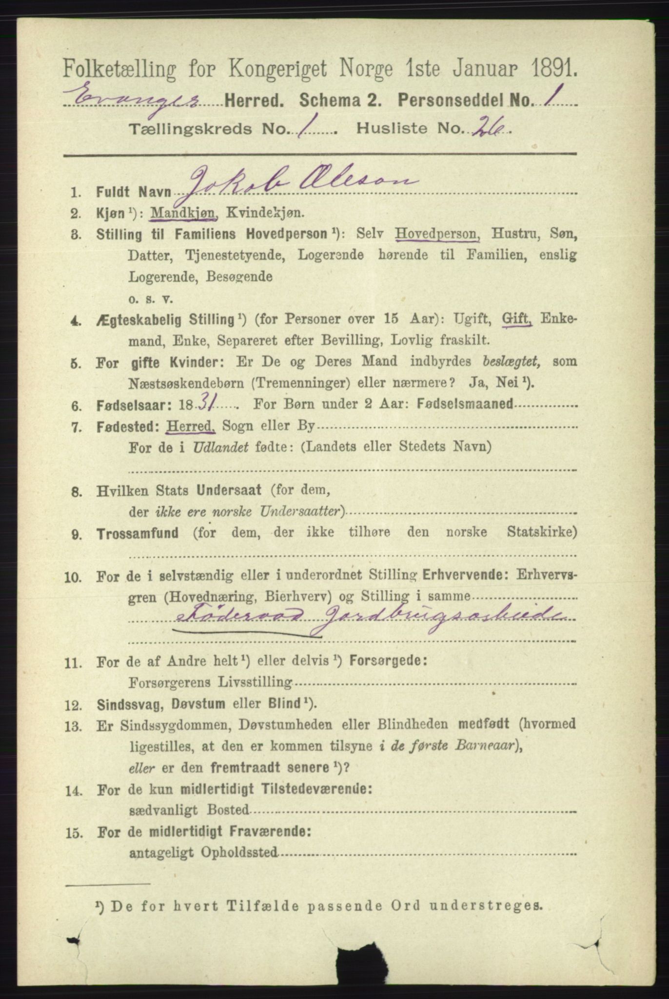 RA, 1891 census for 1237 Evanger, 1891, p. 246