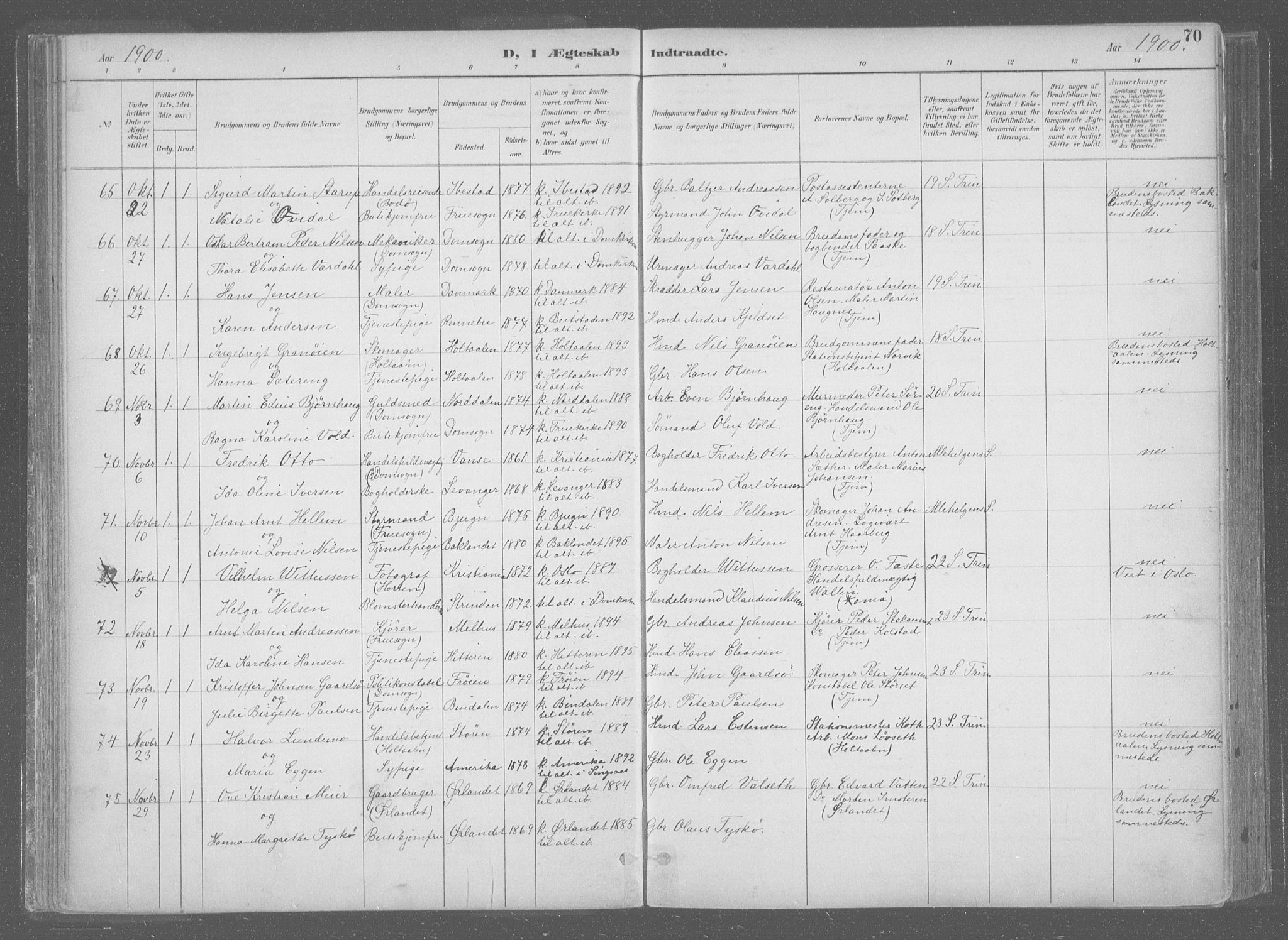 Ministerialprotokoller, klokkerbøker og fødselsregistre - Sør-Trøndelag, AV/SAT-A-1456/601/L0064: Parish register (official) no. 601A31, 1891-1911, p. 70