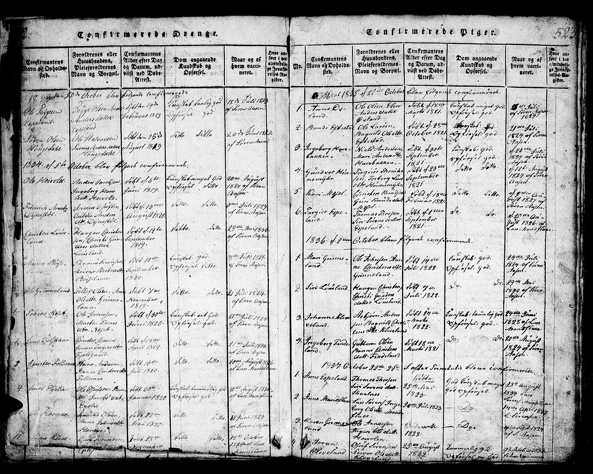 Bjelland sokneprestkontor, SAK/1111-0005/F/Fb/Fbb/L0003: Parish register (copy) no. B 3, 1816-1868, p. 522-523