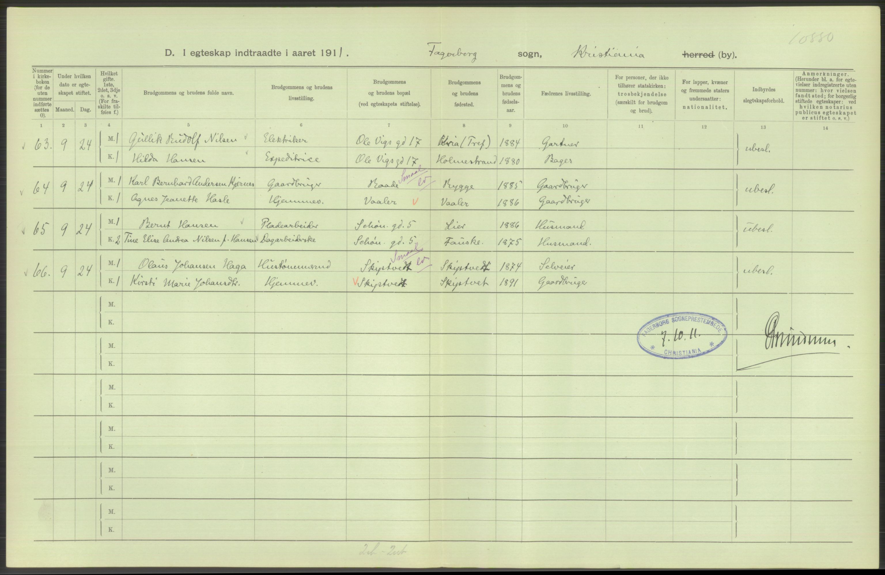 Statistisk sentralbyrå, Sosiodemografiske emner, Befolkning, AV/RA-S-2228/D/Df/Dfb/Dfba/L0008: Kristiania: Gifte, 1911, p. 352