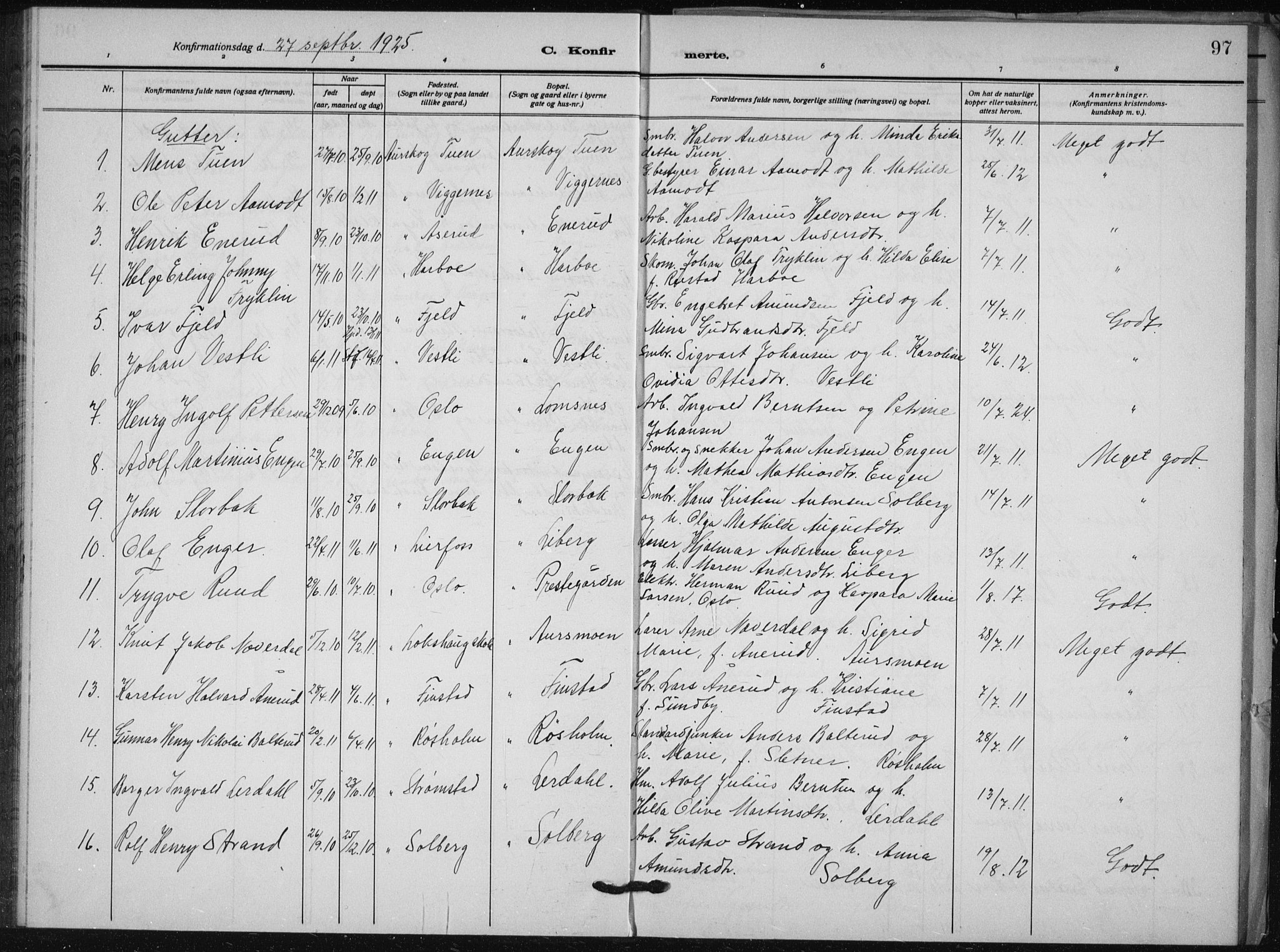 Aurskog prestekontor Kirkebøker, SAO/A-10304a/G/Ga/L0006: Parish register (copy) no. I 6, 1923-1939, p. 97