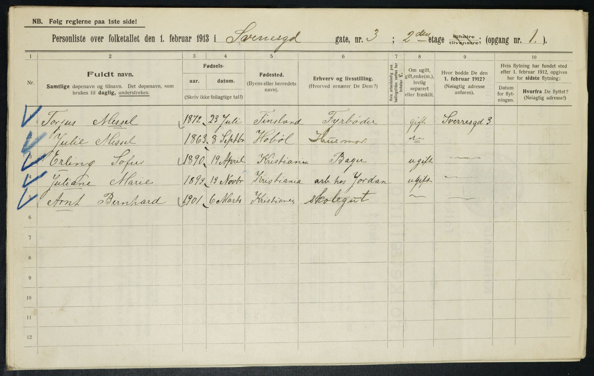 OBA, Municipal Census 1913 for Kristiania, 1913, p. 105999