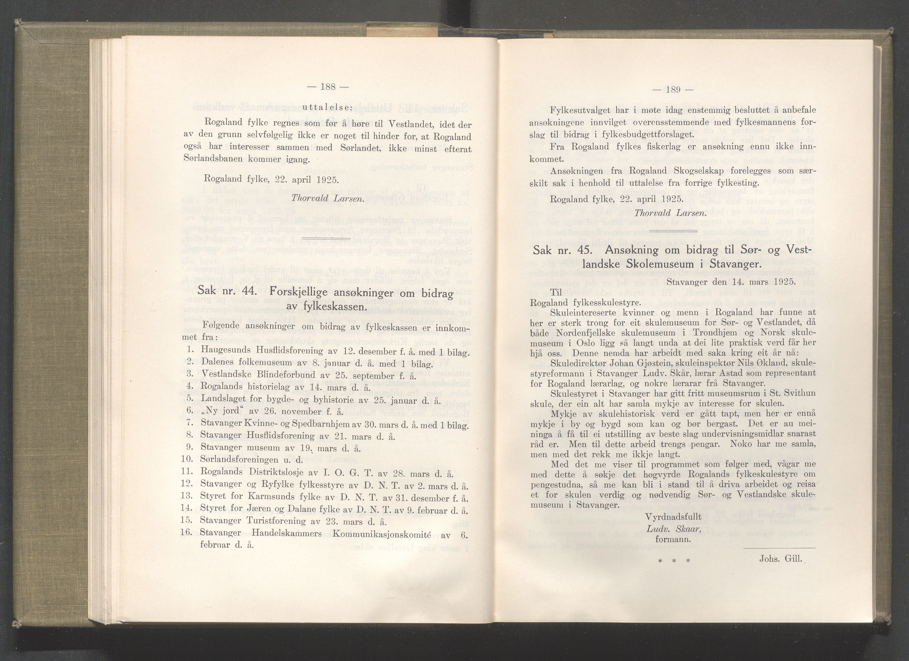 Rogaland fylkeskommune - Fylkesrådmannen , IKAR/A-900/A/Aa/Aaa/L0044: Møtebok , 1925, p. 188-189