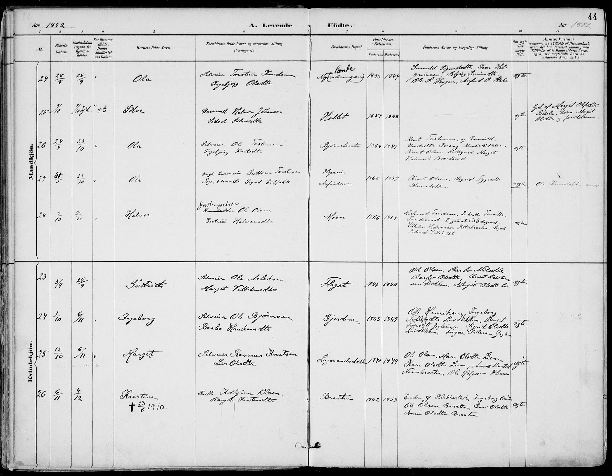 Gol kirkebøker, AV/SAKO-A-226/F/Fa/L0005: Parish register (official) no. I 5, 1887-1900, p. 44