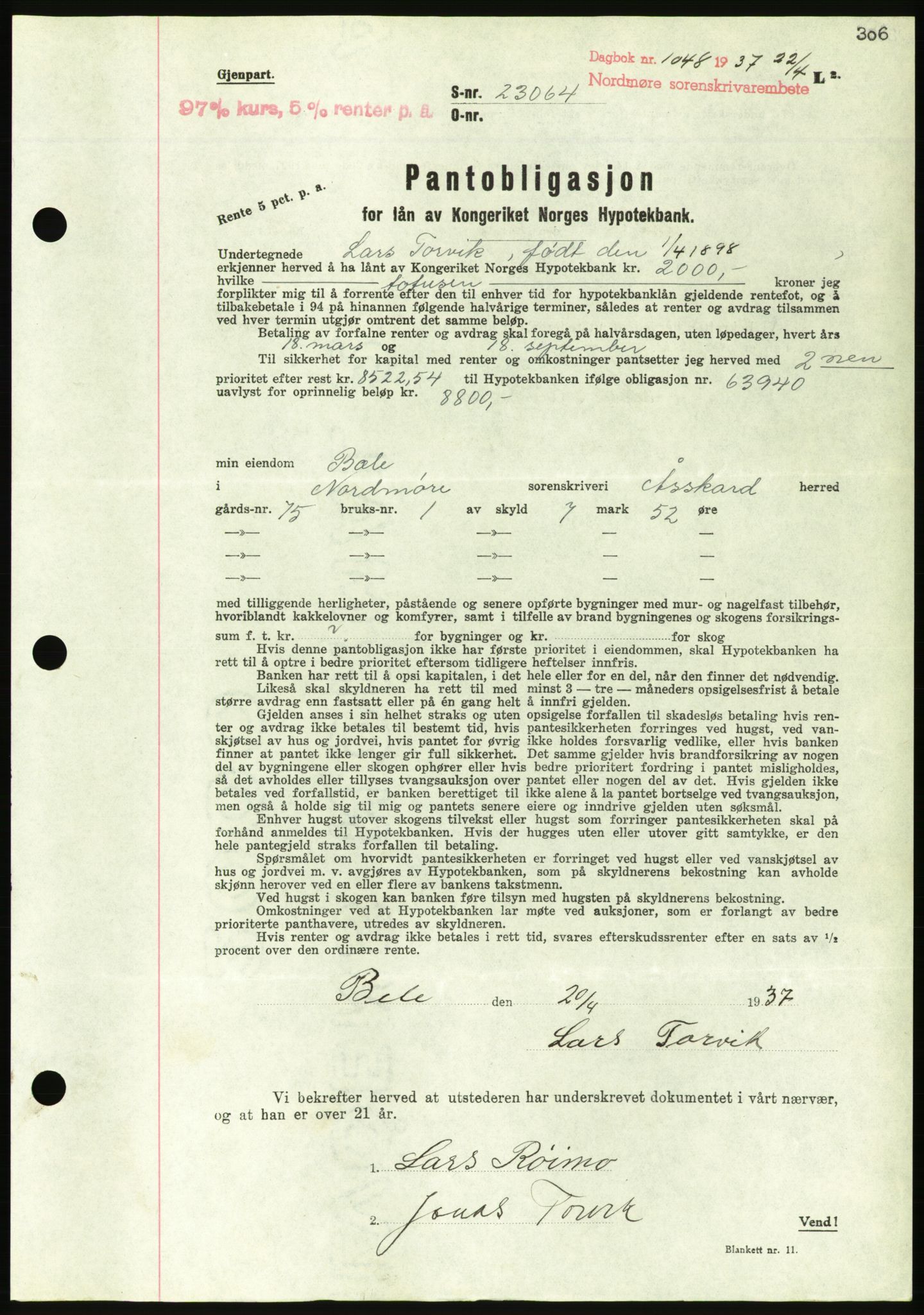 Nordmøre sorenskriveri, AV/SAT-A-4132/1/2/2Ca/L0091: Mortgage book no. B81, 1937-1937, Diary no: : 1048/1937