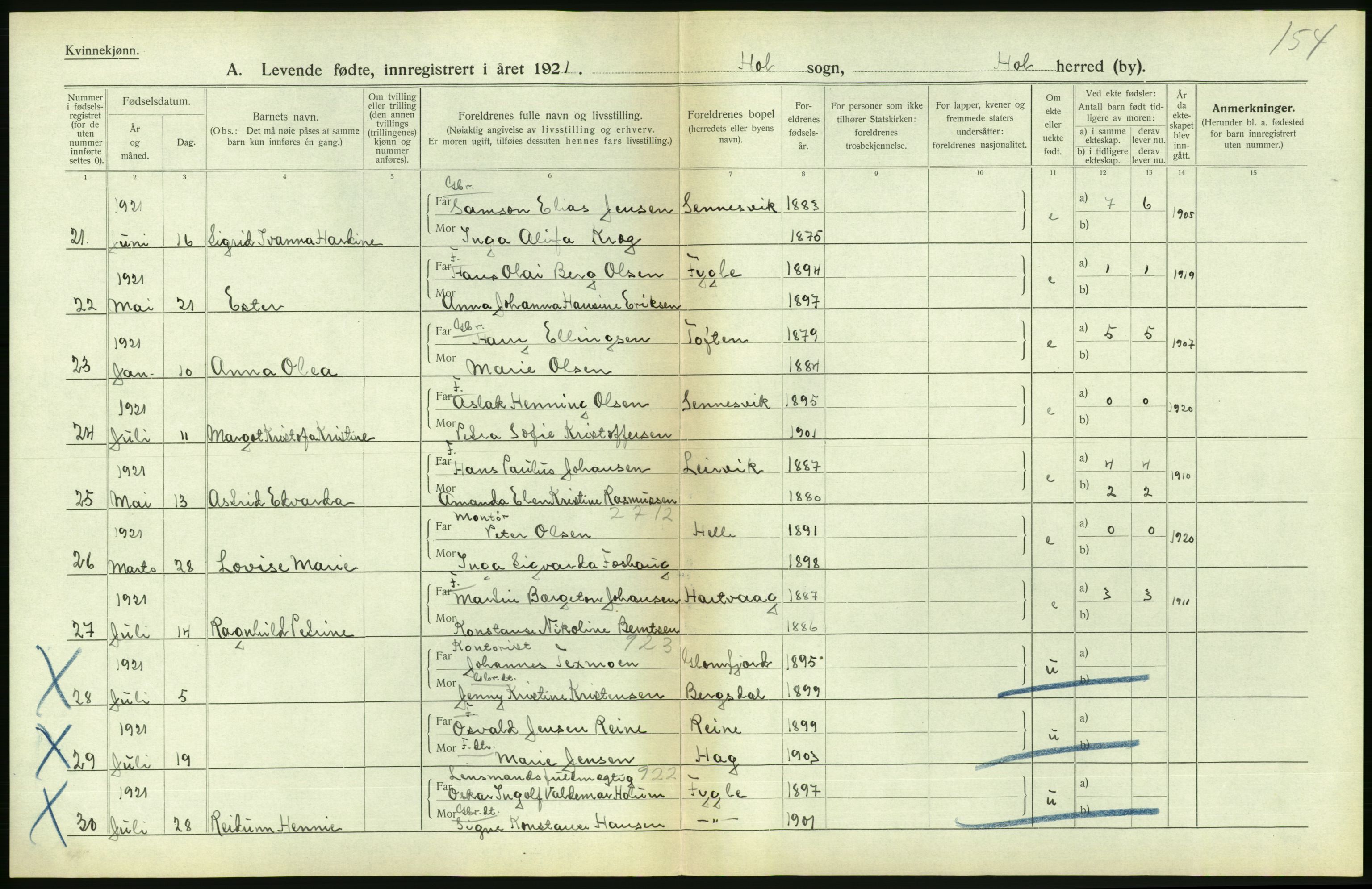 Statistisk sentralbyrå, Sosiodemografiske emner, Befolkning, AV/RA-S-2228/D/Df/Dfc/Dfca/L0049: Nordland fylke: Levendefødte menn og kvinner. Bygder., 1921, p. 350