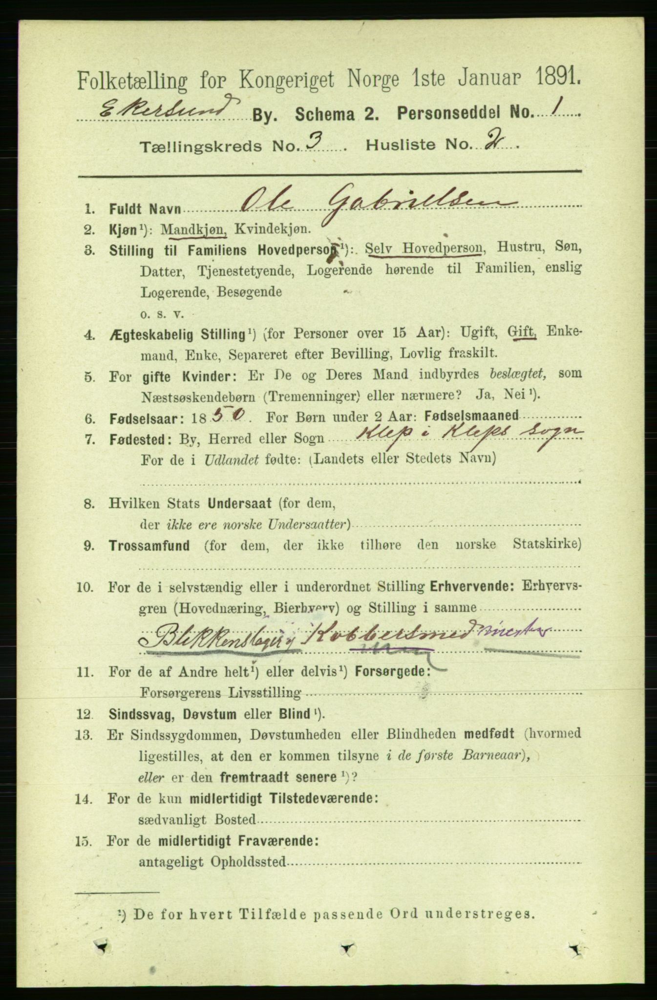 RA, 1891 census for 1101 Egersund, 1891, p. 411