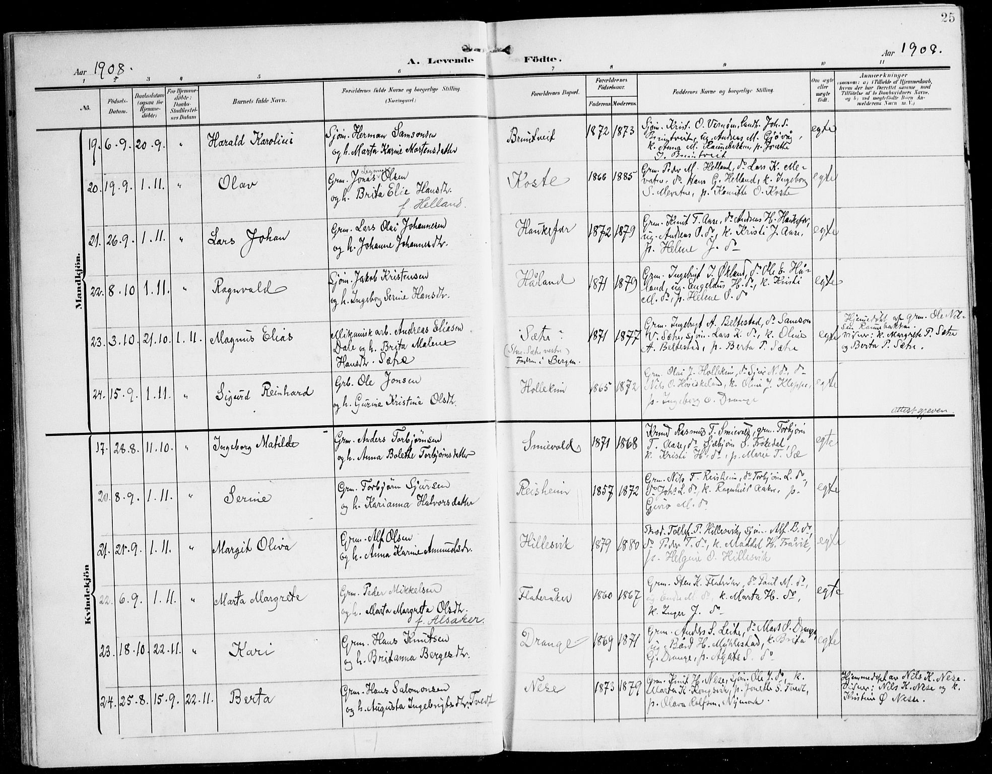 Tysnes sokneprestembete, SAB/A-78601/H/Haa: Parish register (official) no. D 2, 1905-1922, p. 25