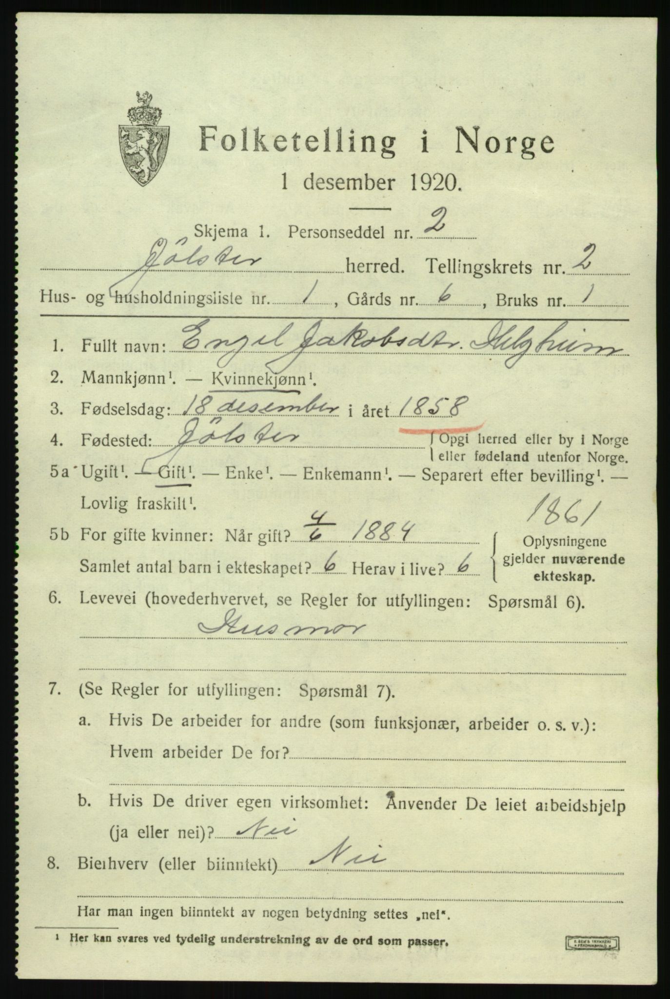 SAB, 1920 census for Jølster, 1920, p. 1570