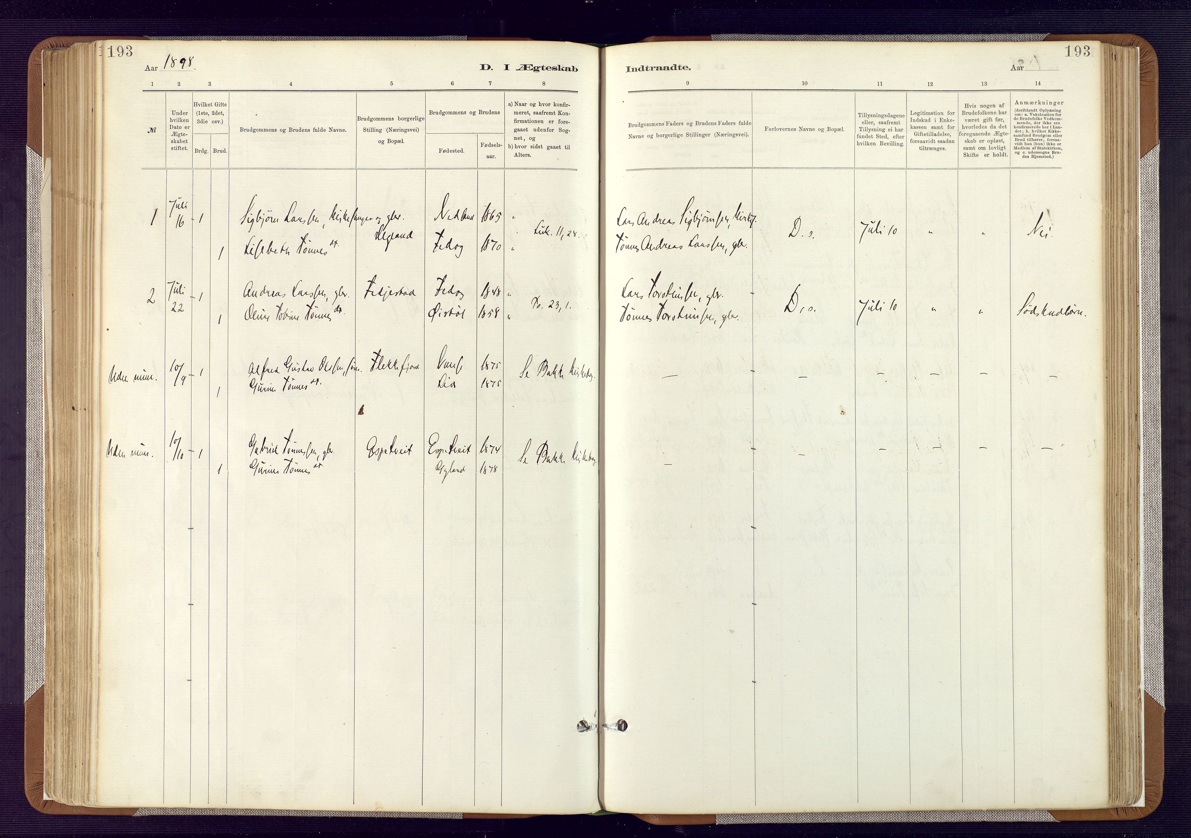 Bakke sokneprestkontor, AV/SAK-1111-0002/F/Fa/Fab/L0003: Parish register (official) no. A 3, 1884-1921, p. 193