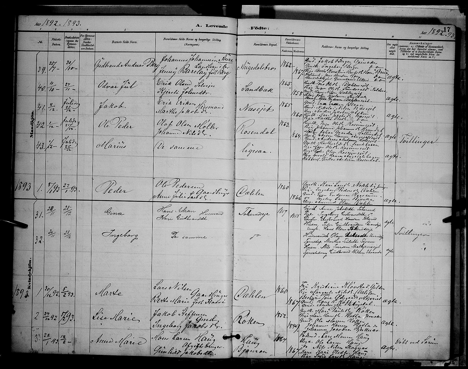 Gran prestekontor, SAH/PREST-112/H/Ha/Hab/L0004: Parish register (copy) no. 4, 1890-1899, p. 17