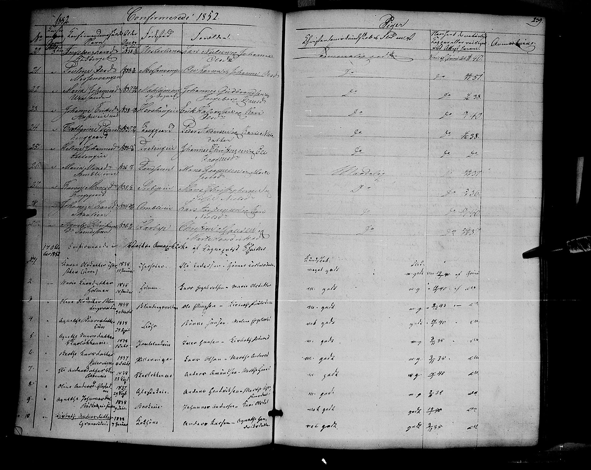 Ringsaker prestekontor, AV/SAH-PREST-014/K/Ka/L0009: Parish register (official) no. 9, 1850-1860, p. 239