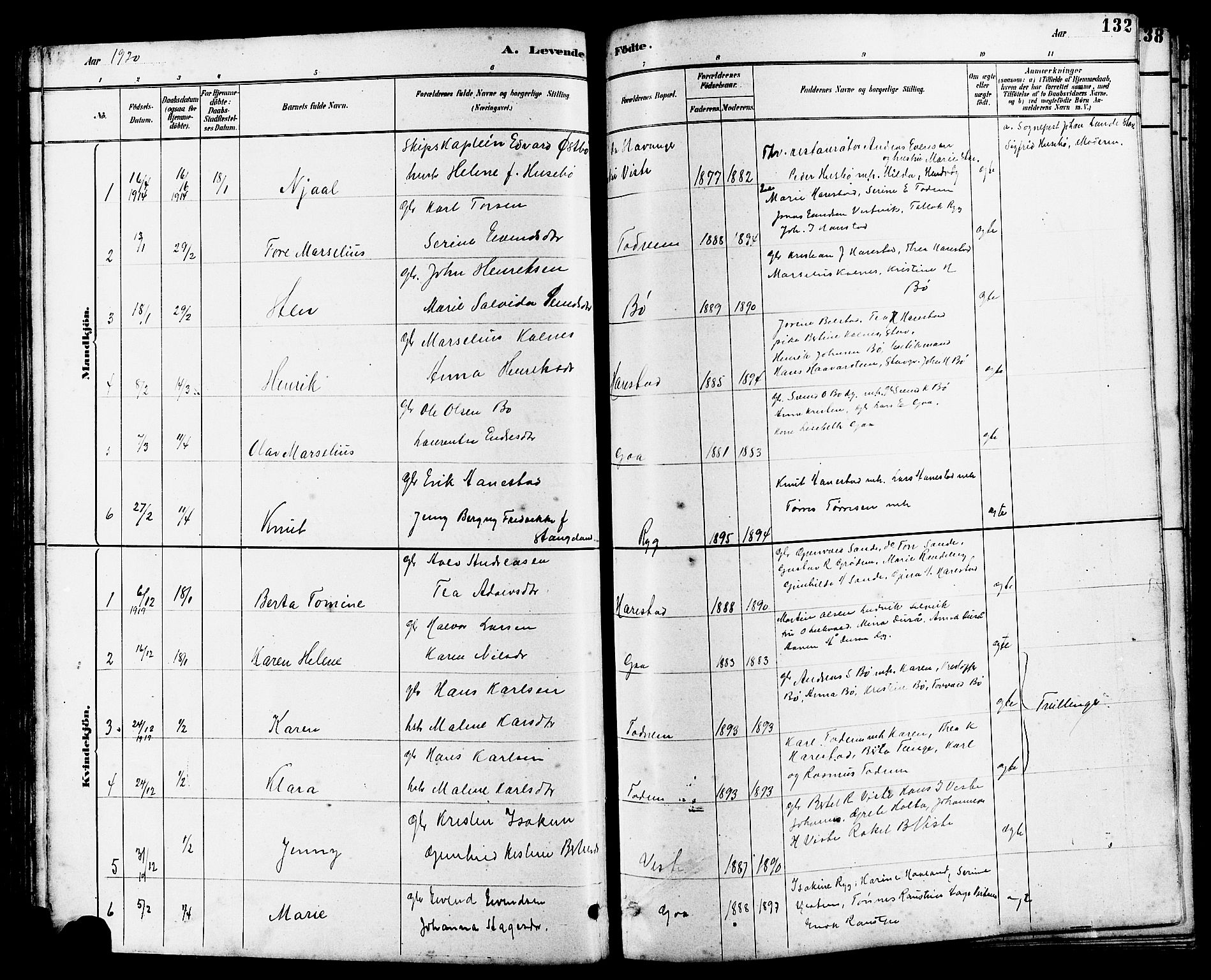 Hetland sokneprestkontor, SAST/A-101826/30/30BB/L0006: Parish register (copy) no. B 6, 1878-1921, p. 132