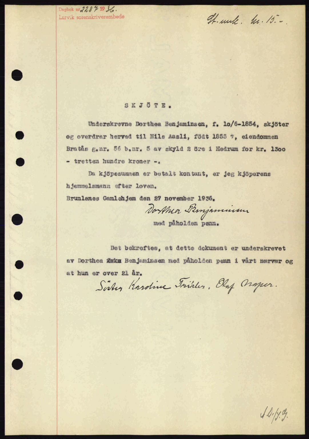 Larvik sorenskriveri, SAKO/A-83/G/Ga/Gab/L0067: Mortgage book no. A-1, 1936-1937, Diary no: : 2287/1936