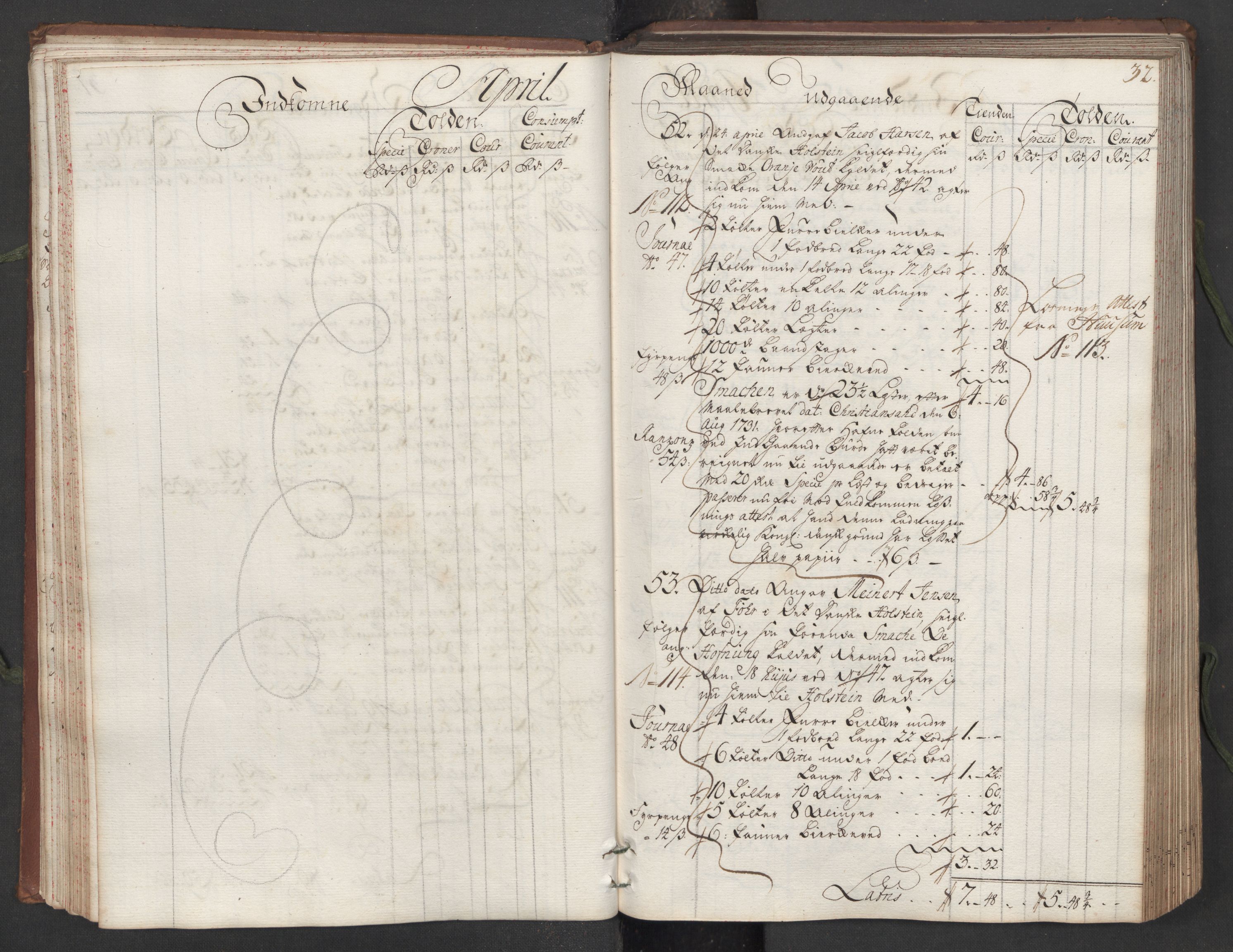 Generaltollkammeret, tollregnskaper, AV/RA-EA-5490/R16/L0013/0001: Tollregnskaper Kristiansand / Hovedtollbok, 1733, p. 31b-32a